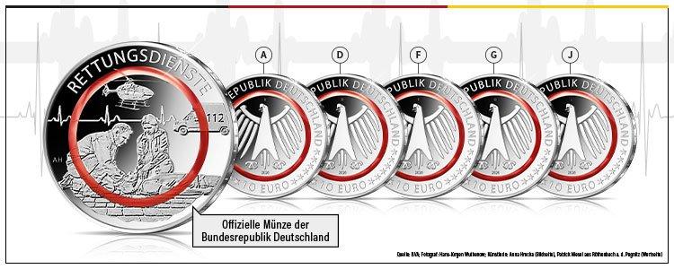 10-Euro-Gedenkmünze „Rettungsdienste“ 2026 mit allen Prägebuchstaben der Bundesrepublik Deutschland in Sammlerqualität