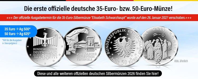 Deutsche Silbermünzen 2026: erste offizielle 35- und 50-Euro-Münzen mit Hinweis auf neuen Ausgabetermin.