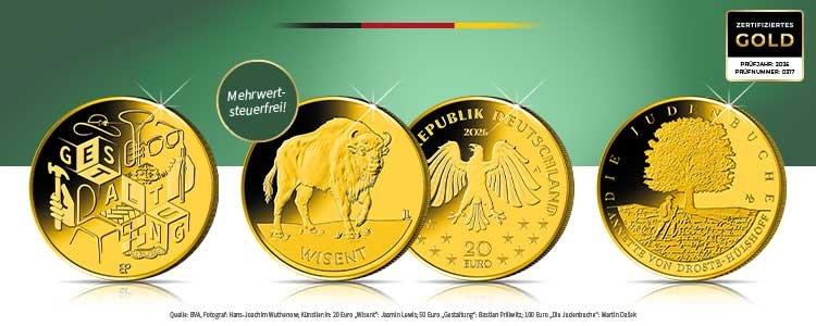 Deutsche Goldmünzen 2026: 20 Euro „Wisent“ und 100 Euro „Die Judenbuche“, zertifiziert & mehrwertsteuerfrei