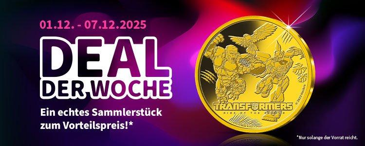 Goldfarbene Transformers-Gedenkmünze zum Deal der Woche vom 1.–7.12.2025 vor buntem Hintergrund