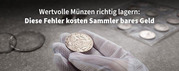 Hand mit Handschuh hält Münze – Tipps zum richtigen Lagern und Aufbewahren wertvoller Sammlermünzen