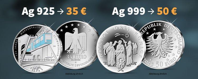 Nennwertanpassung bei deutschen Silber-Euro-Sammlermünzen - alle Infos zu 35- und 50-Euro-Münzen