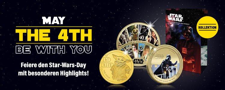 Star Wars Münzen mit „May the 4th be with you“ – Sammlermünzen mit Figuren wie Grogu vor Sternenhimmel