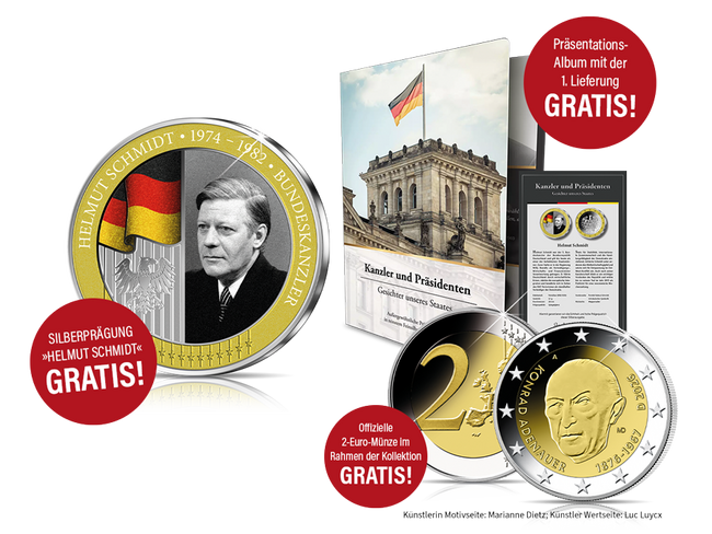 Mehrteiliges Set mit gratis Helmut‑Schmidt‑Silberpr&auml;gung, offizieller 2‑Euro‑M&uuml;nze und Pr&auml;sentations‑Album