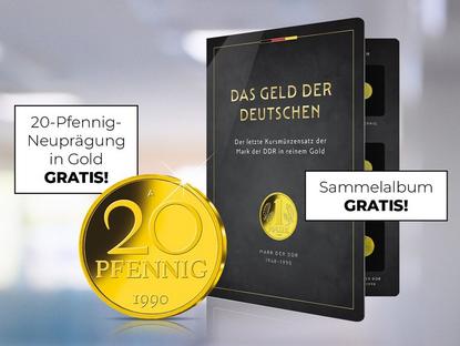 20 Pfennig Neupr&auml;gung in Gold Gratis, Sammelalbum Gratis