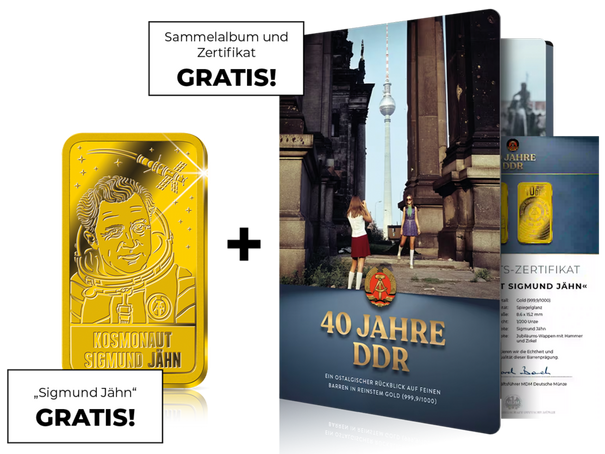 Sie bekommen den "Sigmund J&auml;hn" Goldbarren und das Sammelalbum Gratis zur Erstlieferung