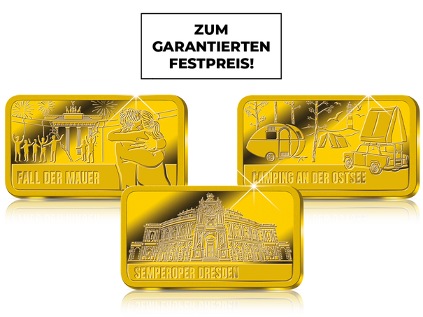 Weitere Goldbarren: "Fall der Mauer" , "Camping an der Ostsee" und "Semperoper Dresden"