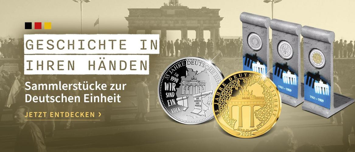 Sammlermünzen zur Deutschen Einheit mit Mauer-Design und Brandenburgertor