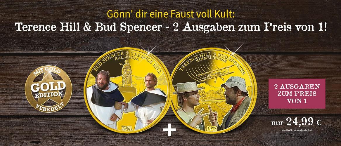 Goldene Sammlermünzen mit Terence Hill und Bud Spencer – zwei Ausgaben zum Preis von einer in der Gold-Edition