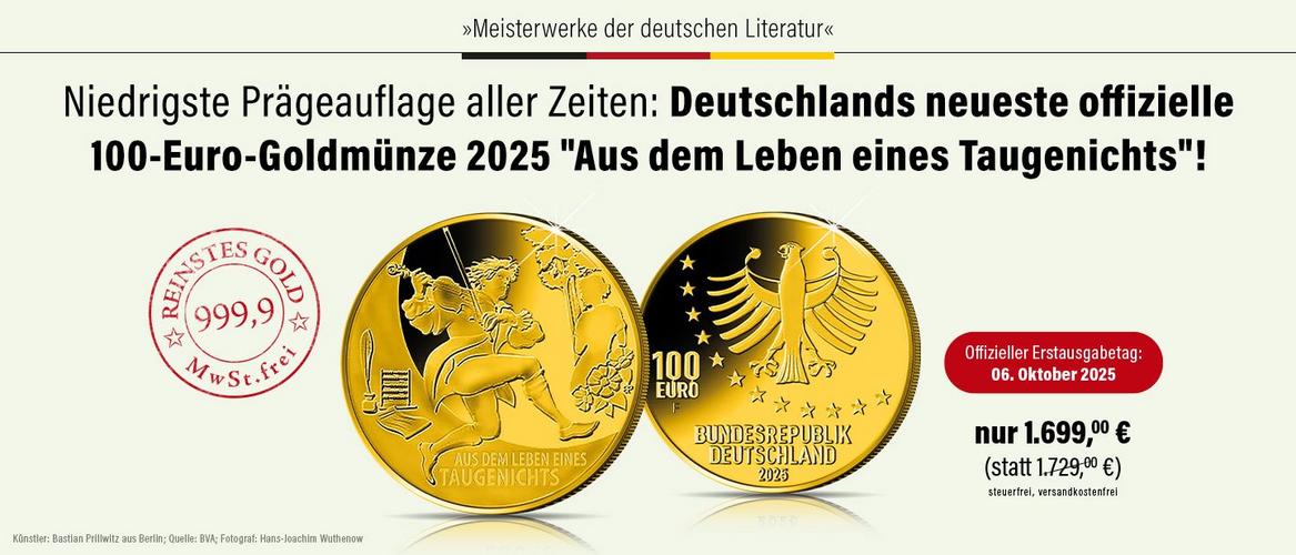 Die deutsche 100-Euro-Goldmünze 2025 Aus dem Leben eines Taugenichts aus der Serie Meisterwerke der deutschen Literatur