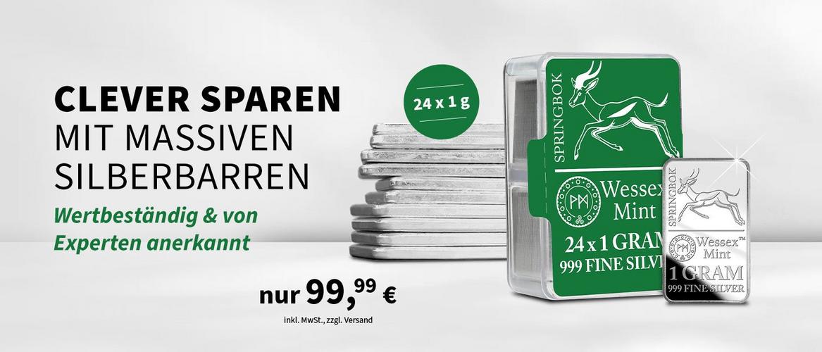 Silberbarren-Set Wessex Mint 24 × 1 g Feinsilber – clever sparen mit wertbeständigen Edelmetallen.