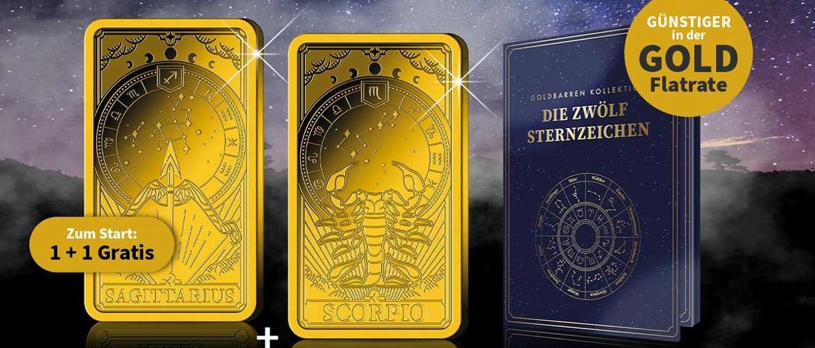 Goldbarren-Kollektion der zwölf Sternzeichen mit Motivbarren für Schütze und Skorpion – günstiger in der Gold-Flatrate.