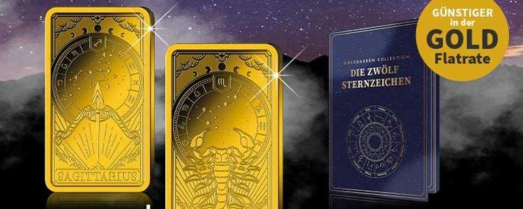 Goldbarren-Kollektion der zwölf Sternzeichen mit Motivbarren für Schütze und Skorpion – günstiger in der Gold-Flatrate.