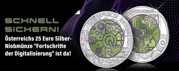 Österreich 2025: 25 Euro Silber-Niobmünze "Digitalisierung" Vorder- und Rückseite schnell sichern