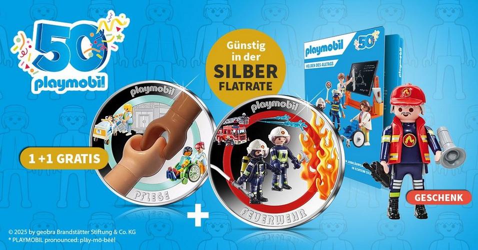 50 Jahre Playmobil: Silbermünzen Pflege und Feuerwehr mit Gratisfigur – günstig in der Silber-Flatrate erhältlich.