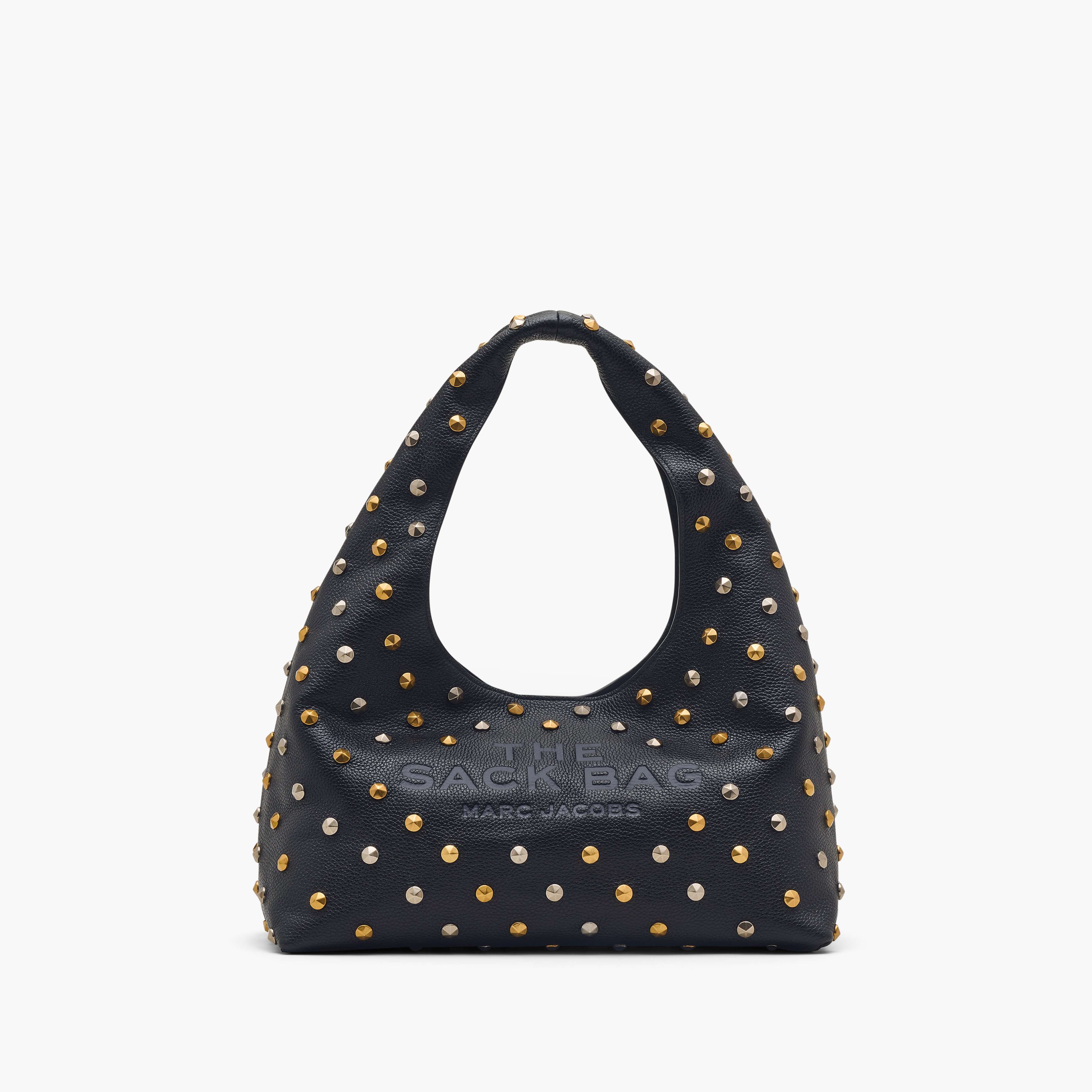 The Glam Studs Leather Sack Bag in Black