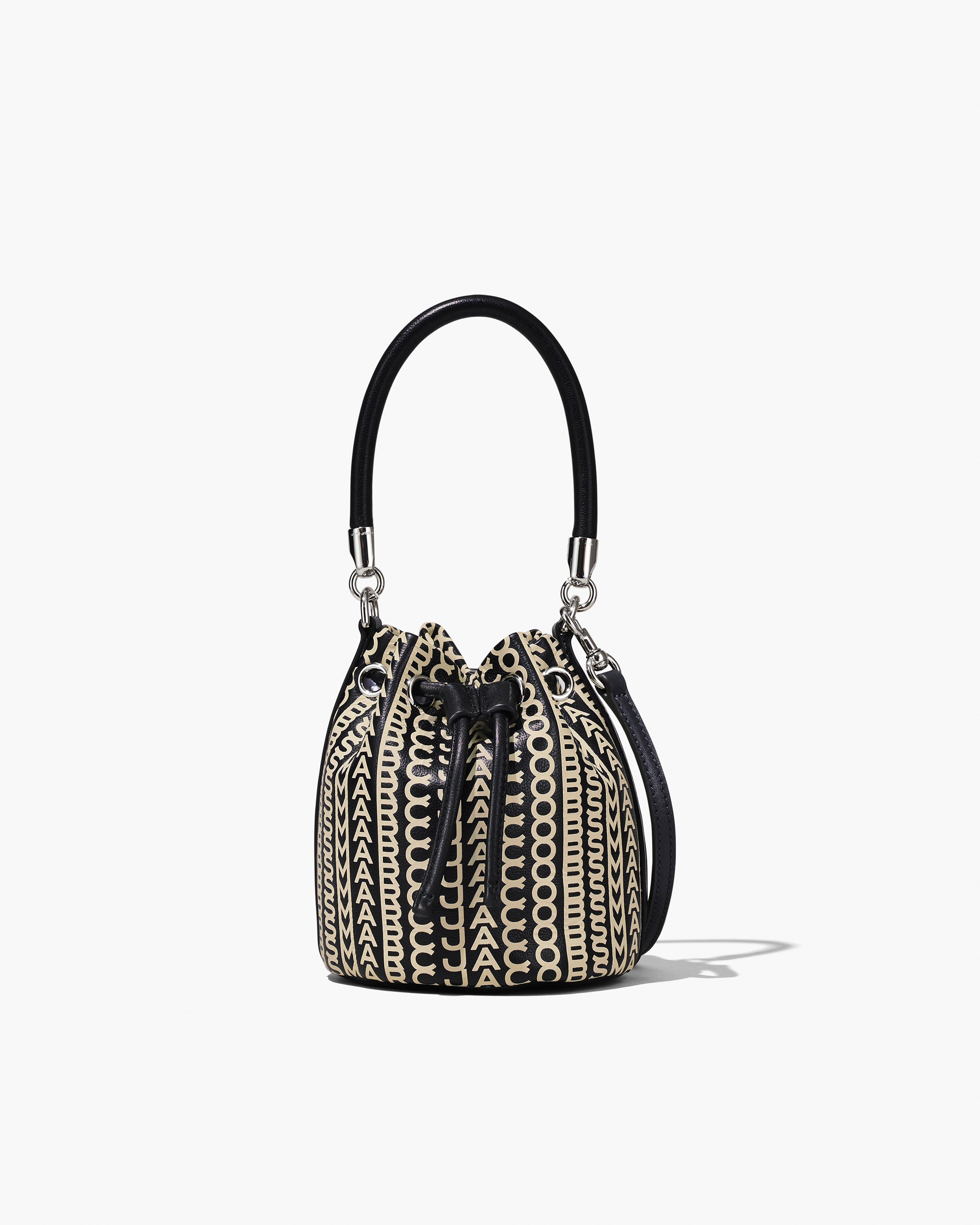 MARC JACOBS Marc Jacobs The Monogram Leather Mini Bucket Bag in Black/White