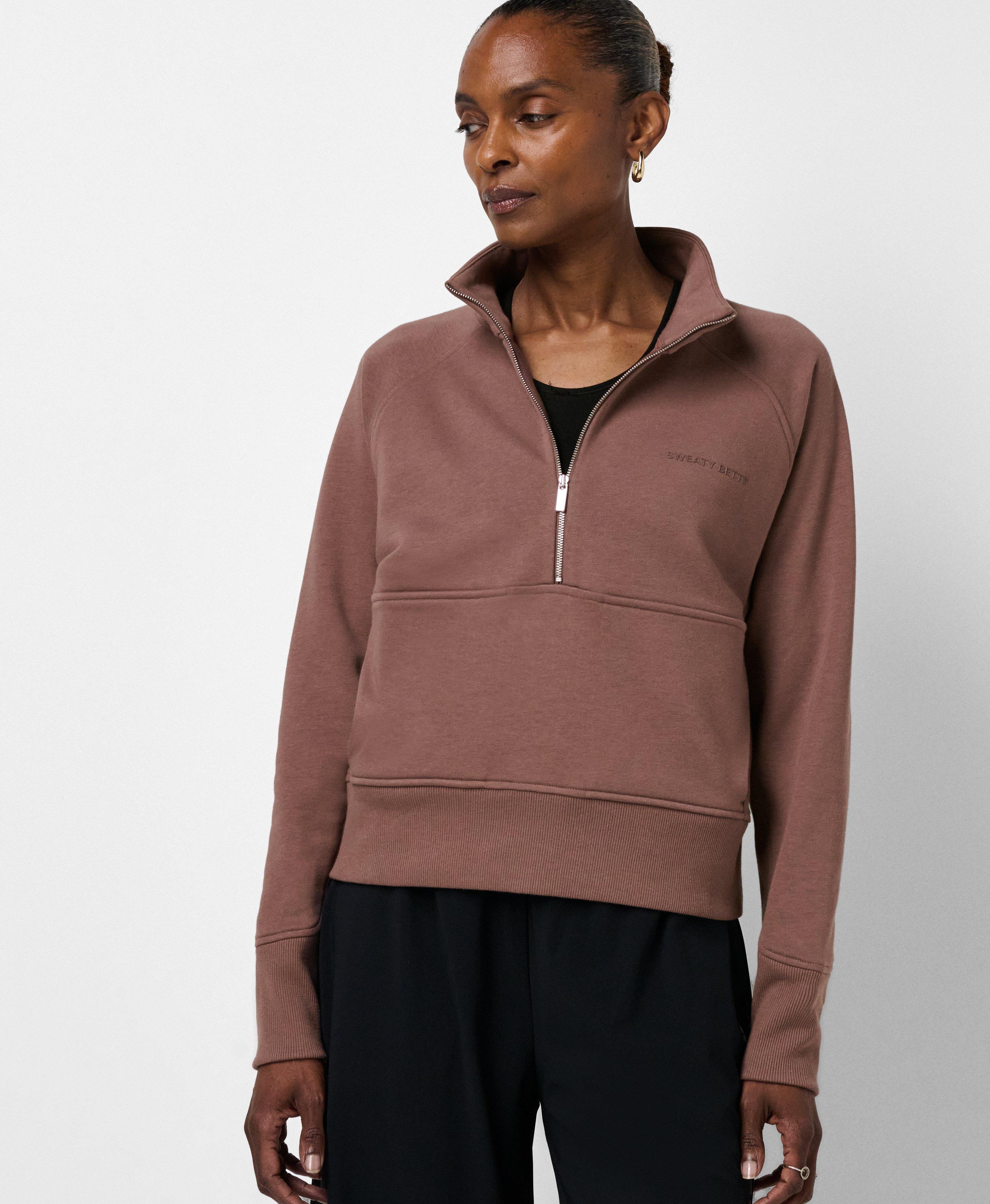Revive Rib Mix Half Zip Sweatshirt - Chestnut Brown | Women's