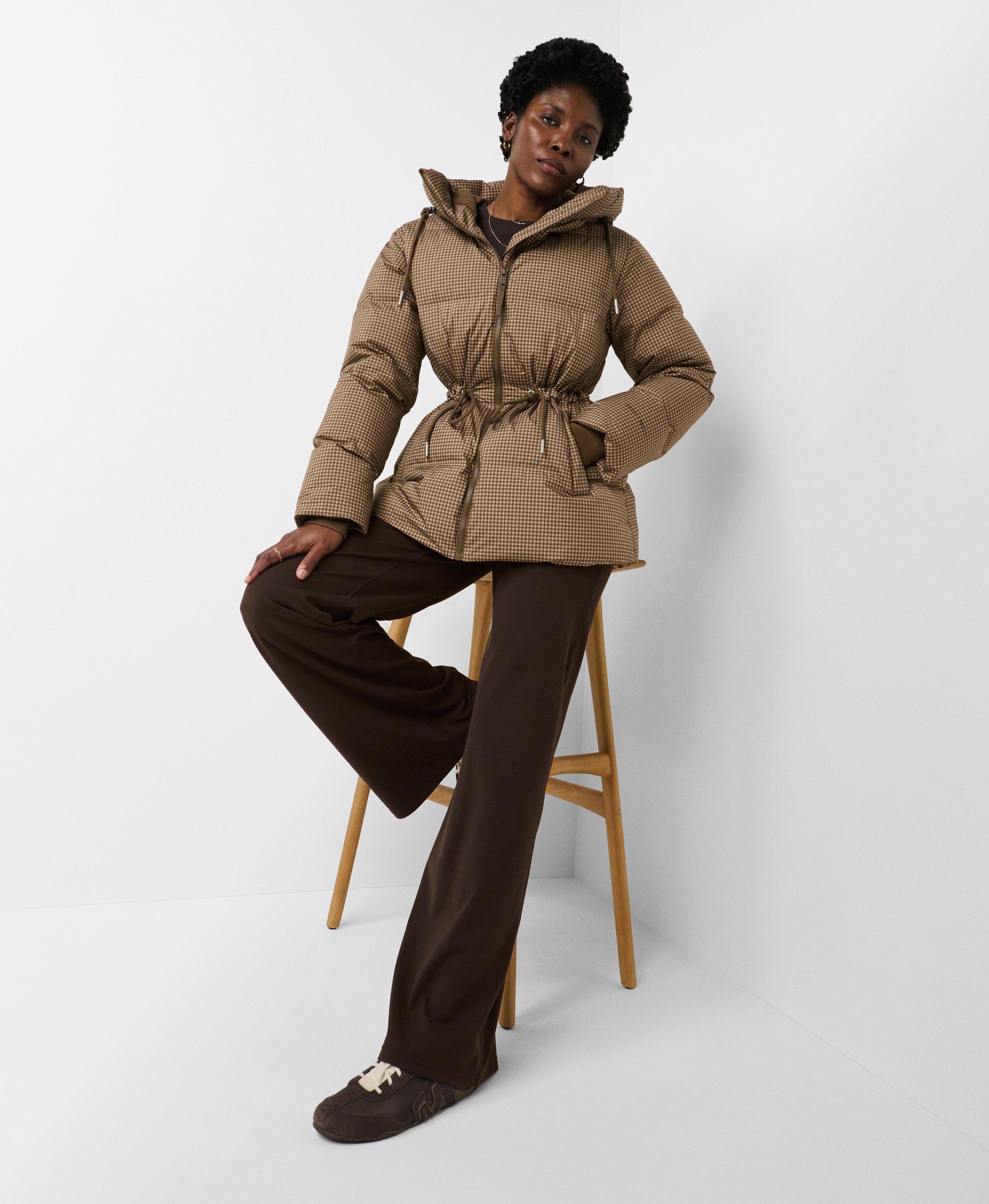 Nimbus Cinched Puffer - Beige Micro Check Print | Women's Jackets