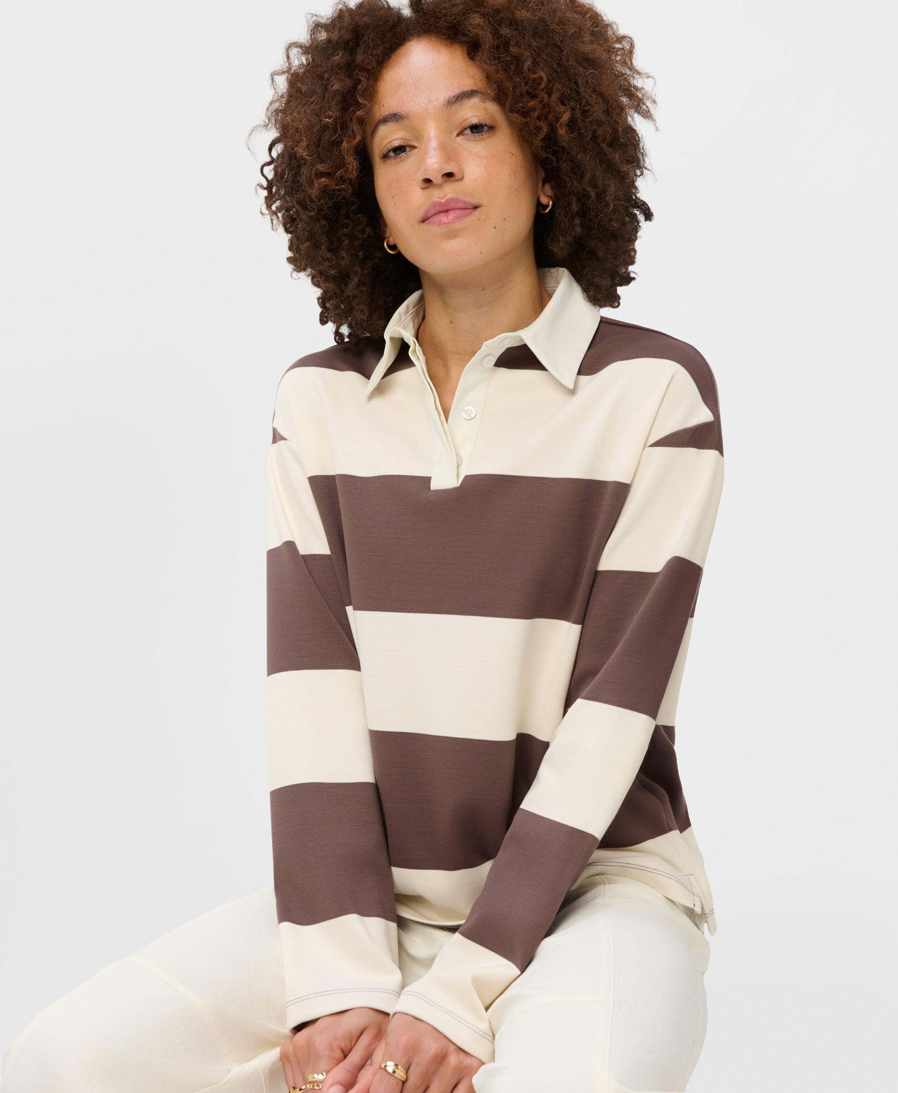 Rugby Shirt - LilyWhite TaupeBrown Large Stripe | Women's Jumpers