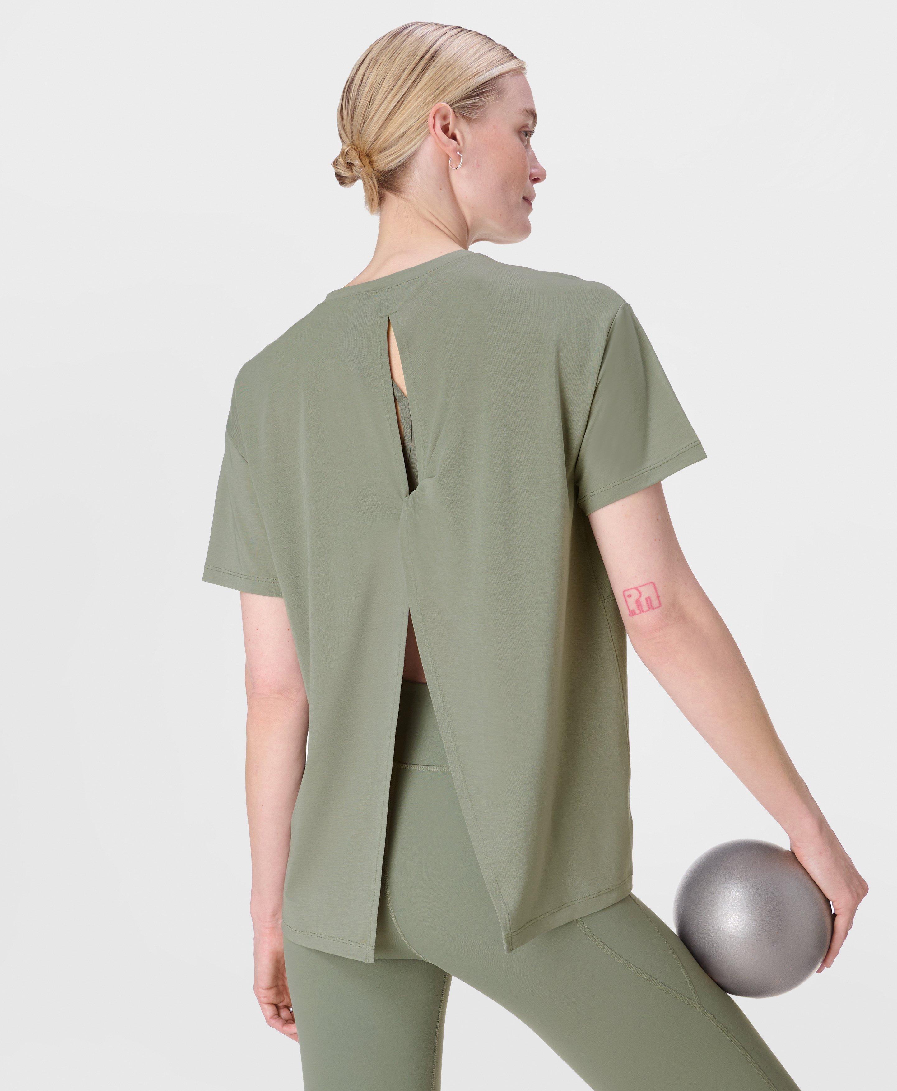 Sweaty Betty Soft Flow Studio Wrap Back T-Shirt, Willow Green, Women's L