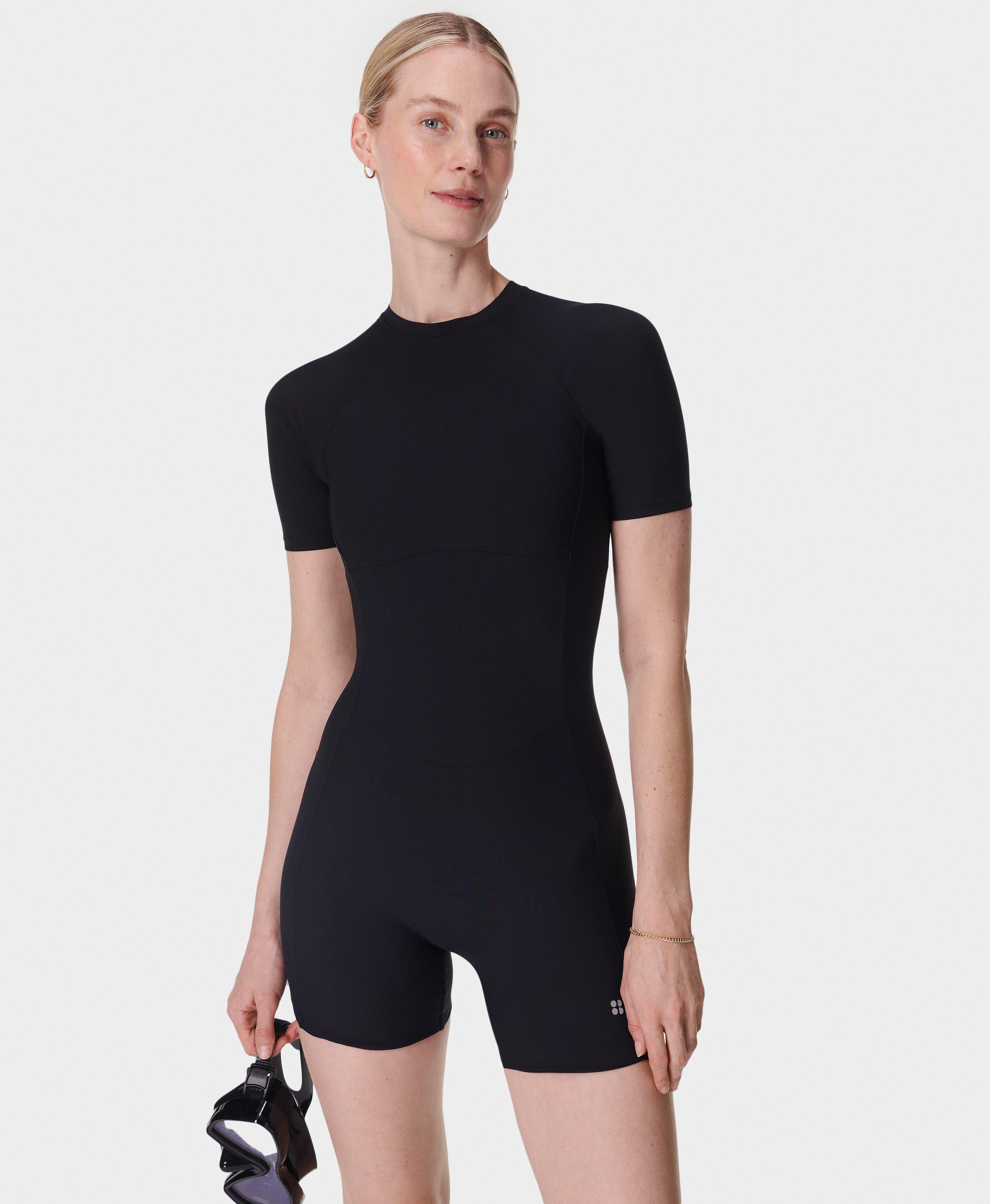 Sweaty Betty Deep Sea Short Sleeve Performance Swimsuit, Black, Women's XS