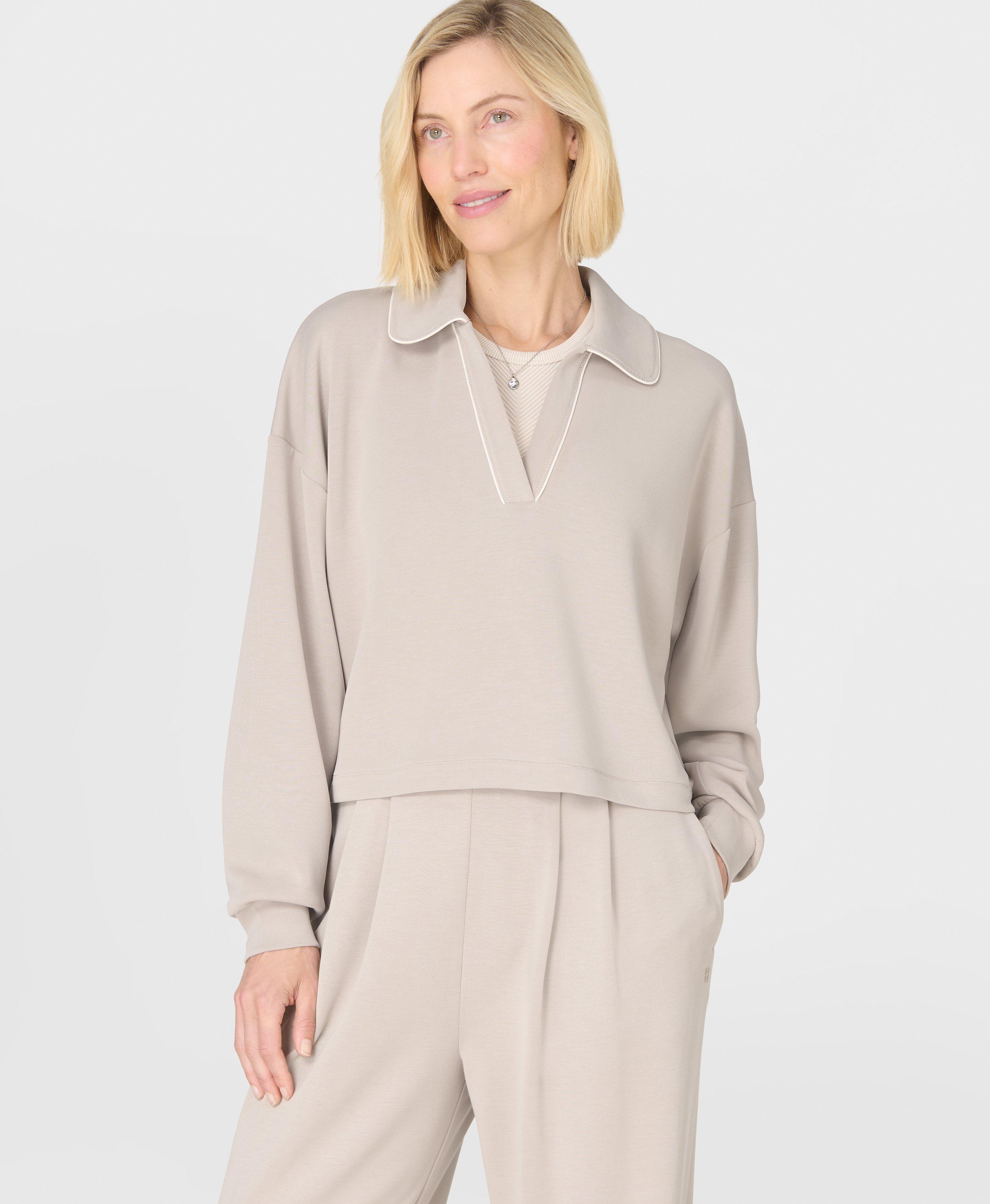 トップス Cotton Brushed Sweat Sand Wash Crop Henley Sweatshirt - Dusk Beige | Women's Sweaters +