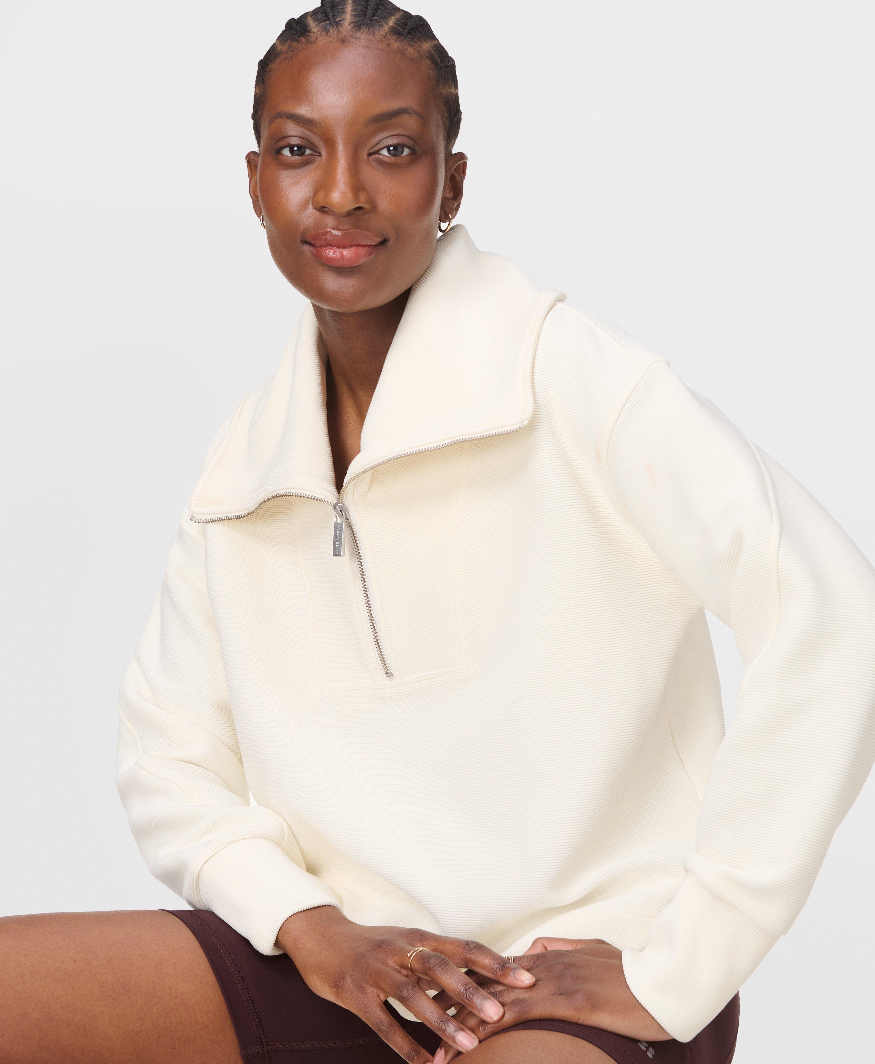 Sweaty Betty Peaceful Ribbed Half Zip Cropped Sweatshirt, White, Women's XS