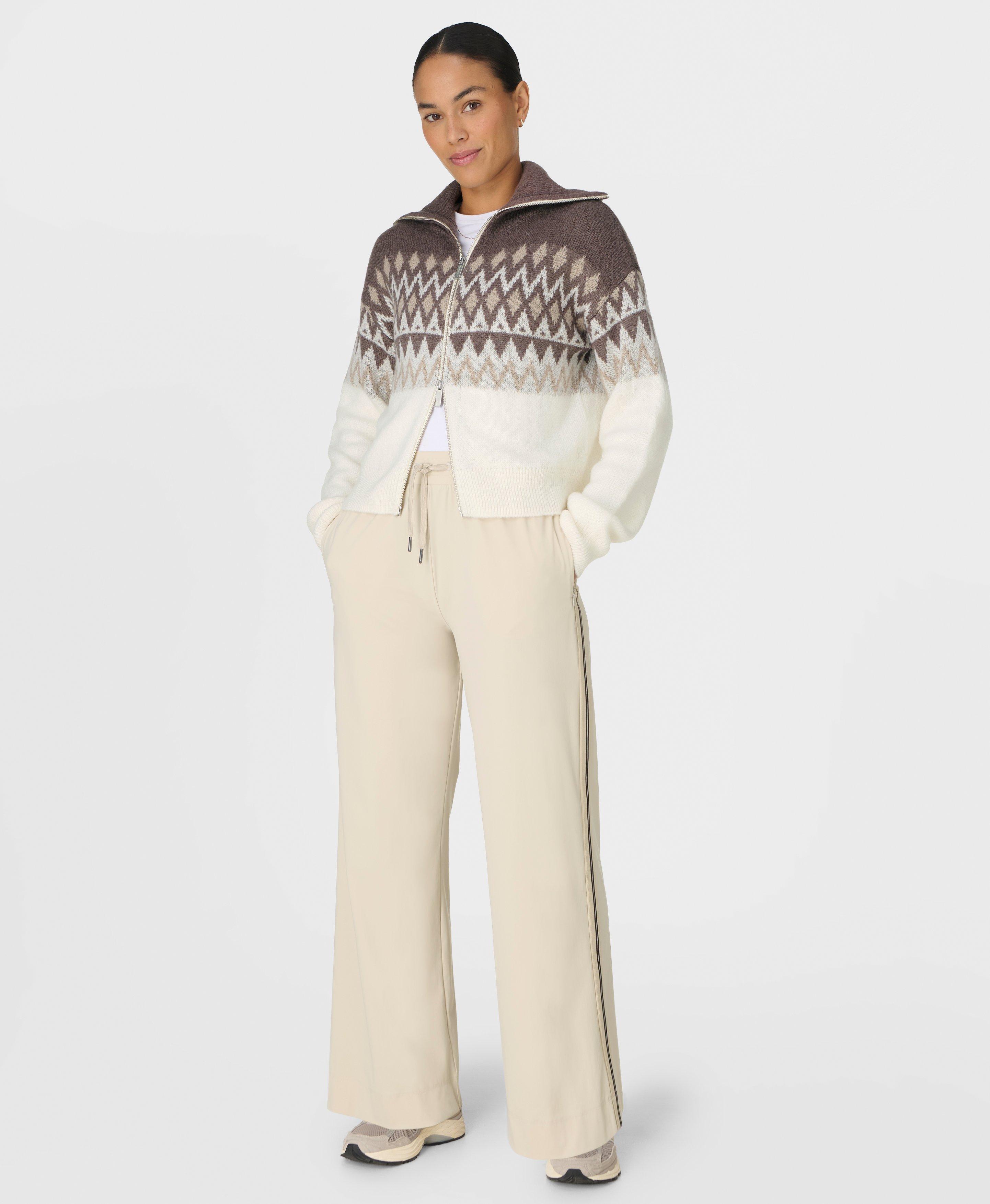 Fairisle Funnel Neck Zip Through, Brown Geo Jacquard | Sweaty Betty