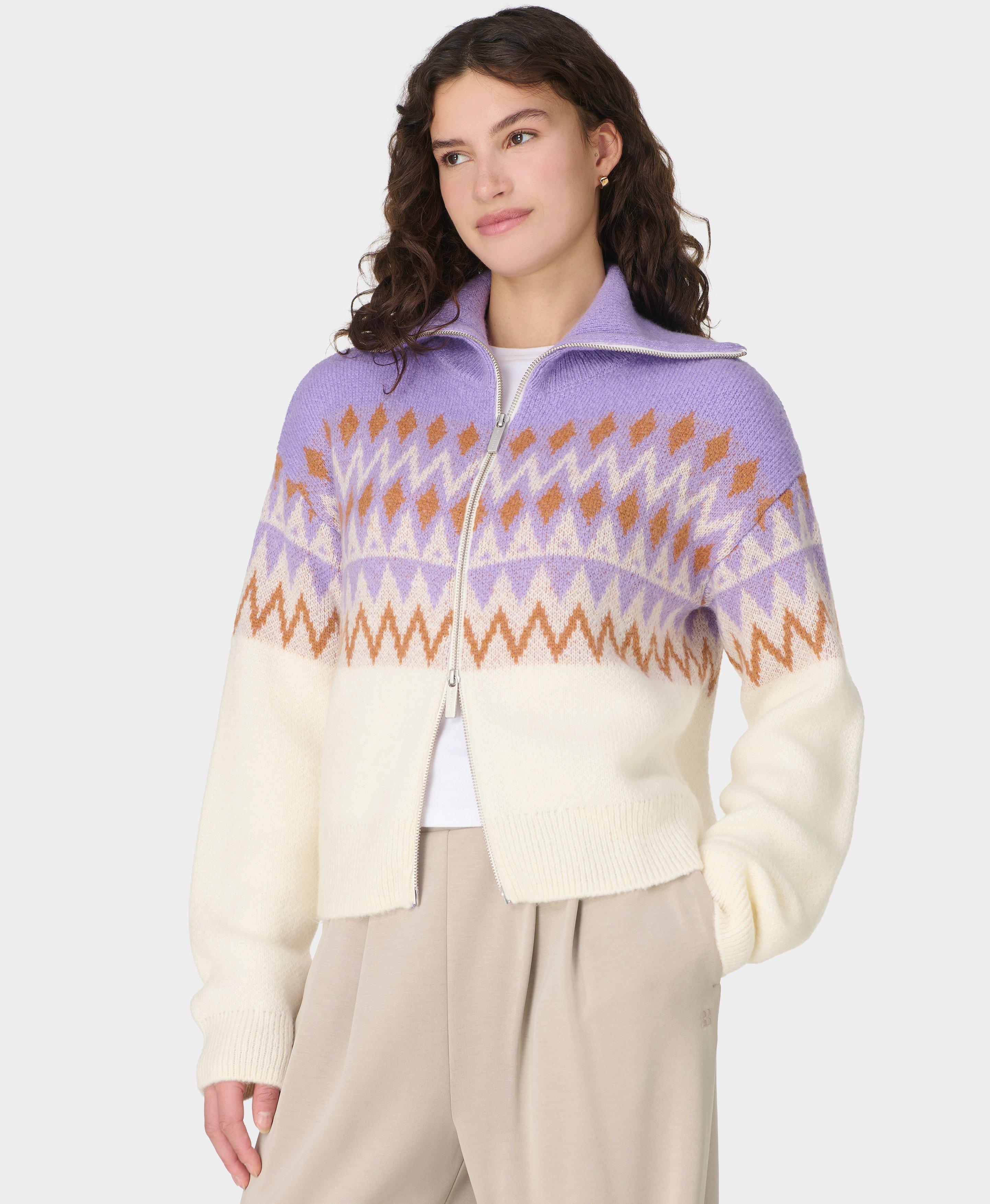 Fairisle Funnel Neck Zip Through, Purple Geo Jacquard | Sweaty Betty