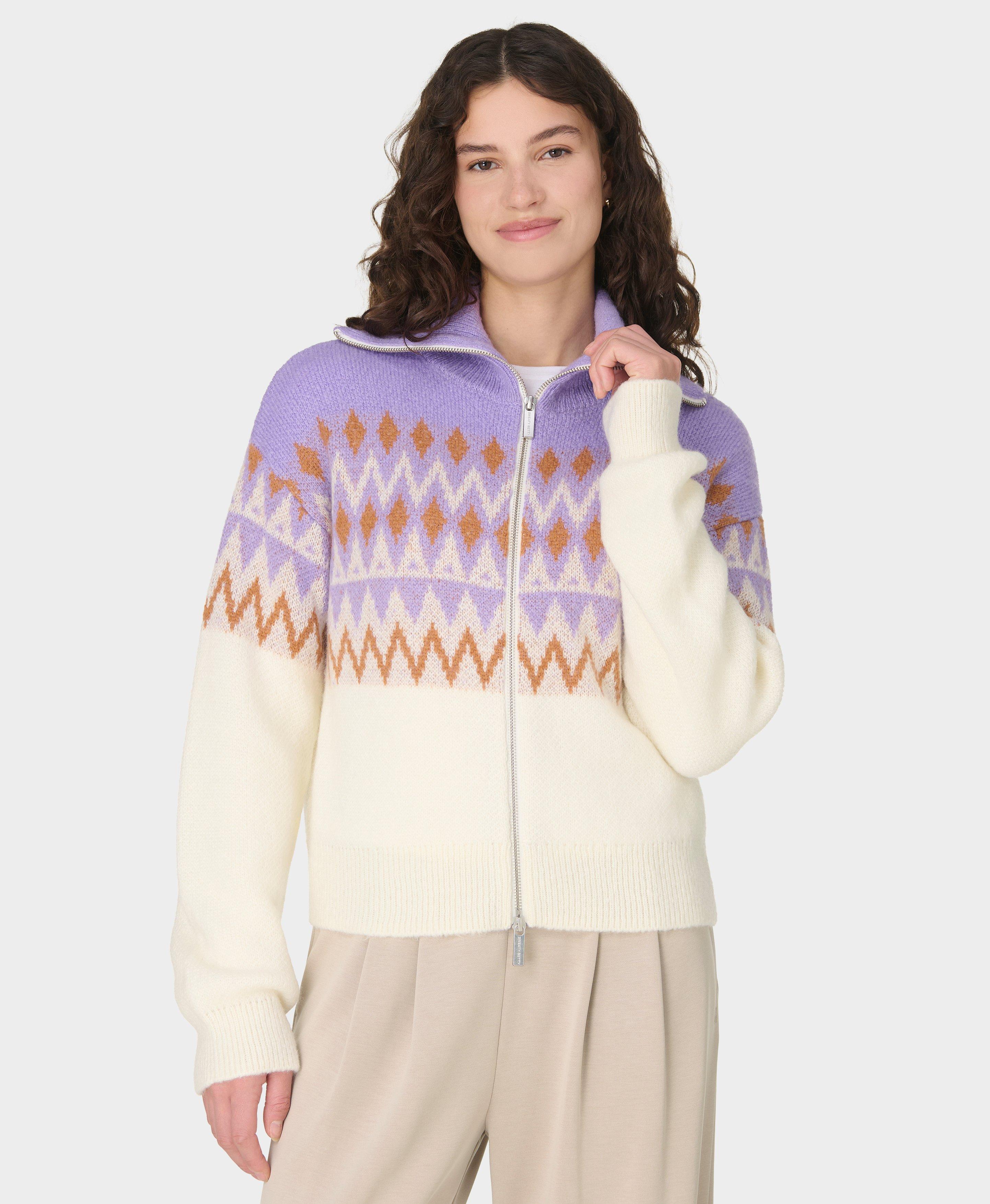 Fair Isle Funnel Neck Zip Through - Purple Geo Jacquard | Sweaty Betty