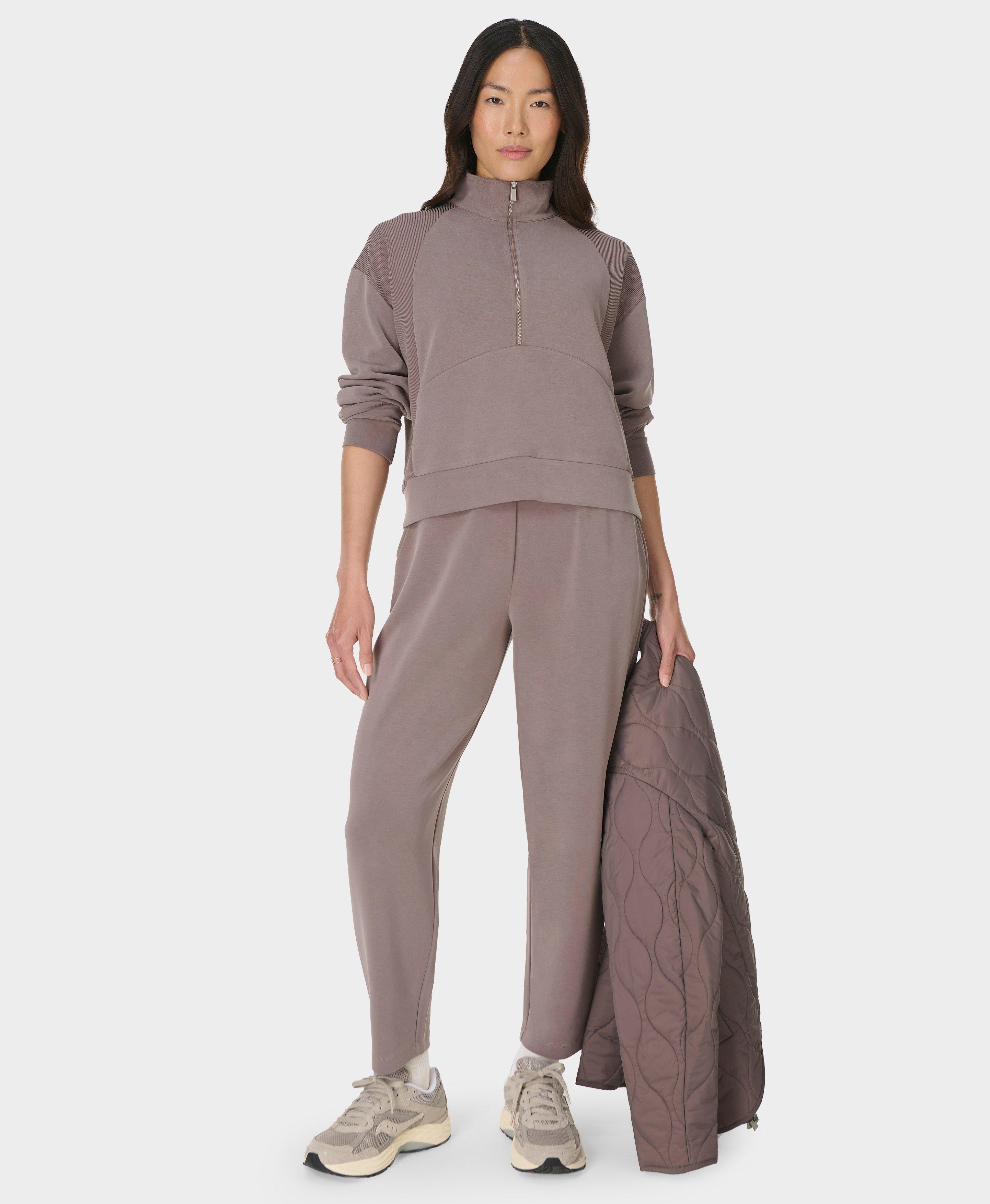 Sand Wash Rib Mix Half Zip Sweatshirt - Taupe Brown | Women