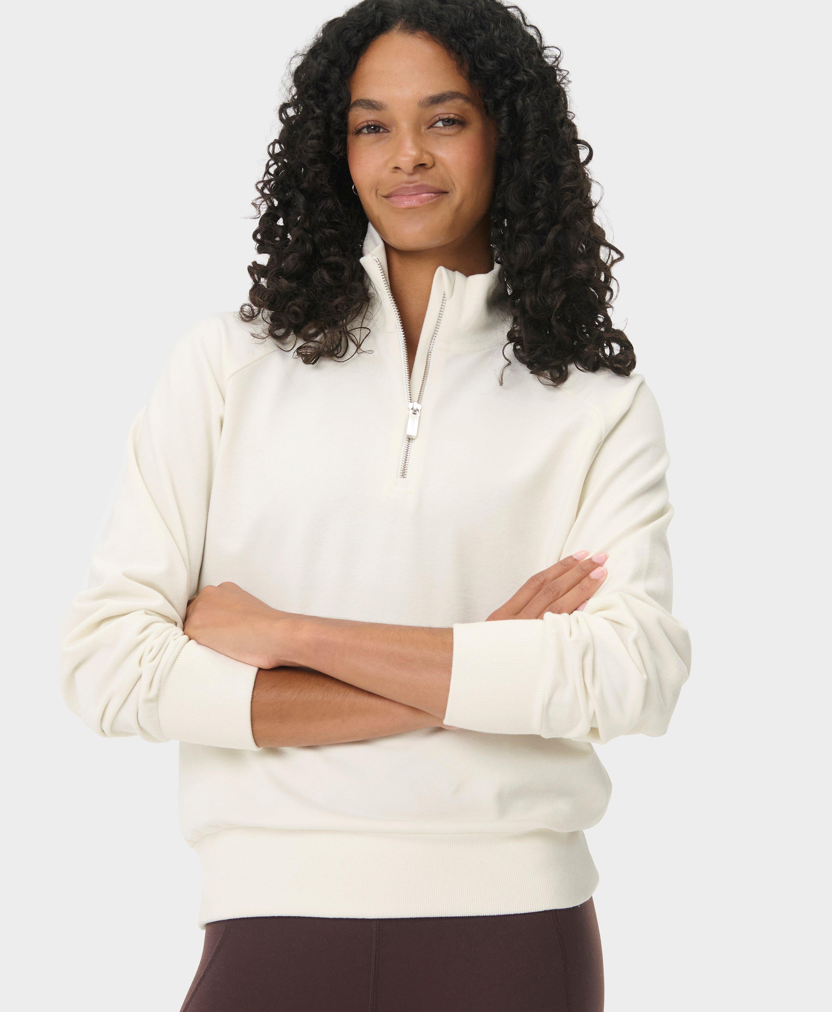 Sweaty Betty Escape Luxe Fleece  Half Zip Crop Sweatshirt, White, Women's XS