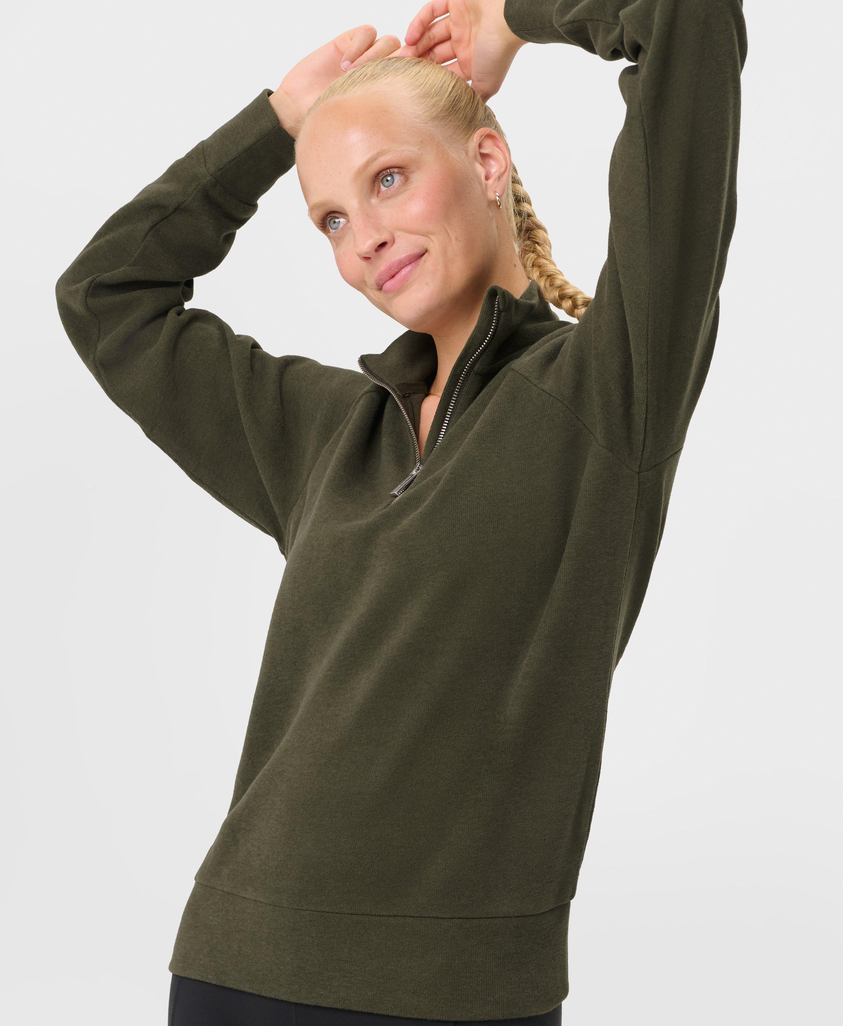 Sweaty Betty Escape Luxe Fleece Rib Half Zip Crop Sweatshirt, Green, Women's XL