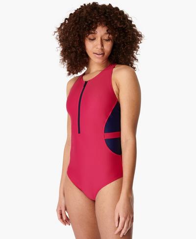Wave Zip Thru Swimsuit, Tayberry Pink | Sweaty Betty