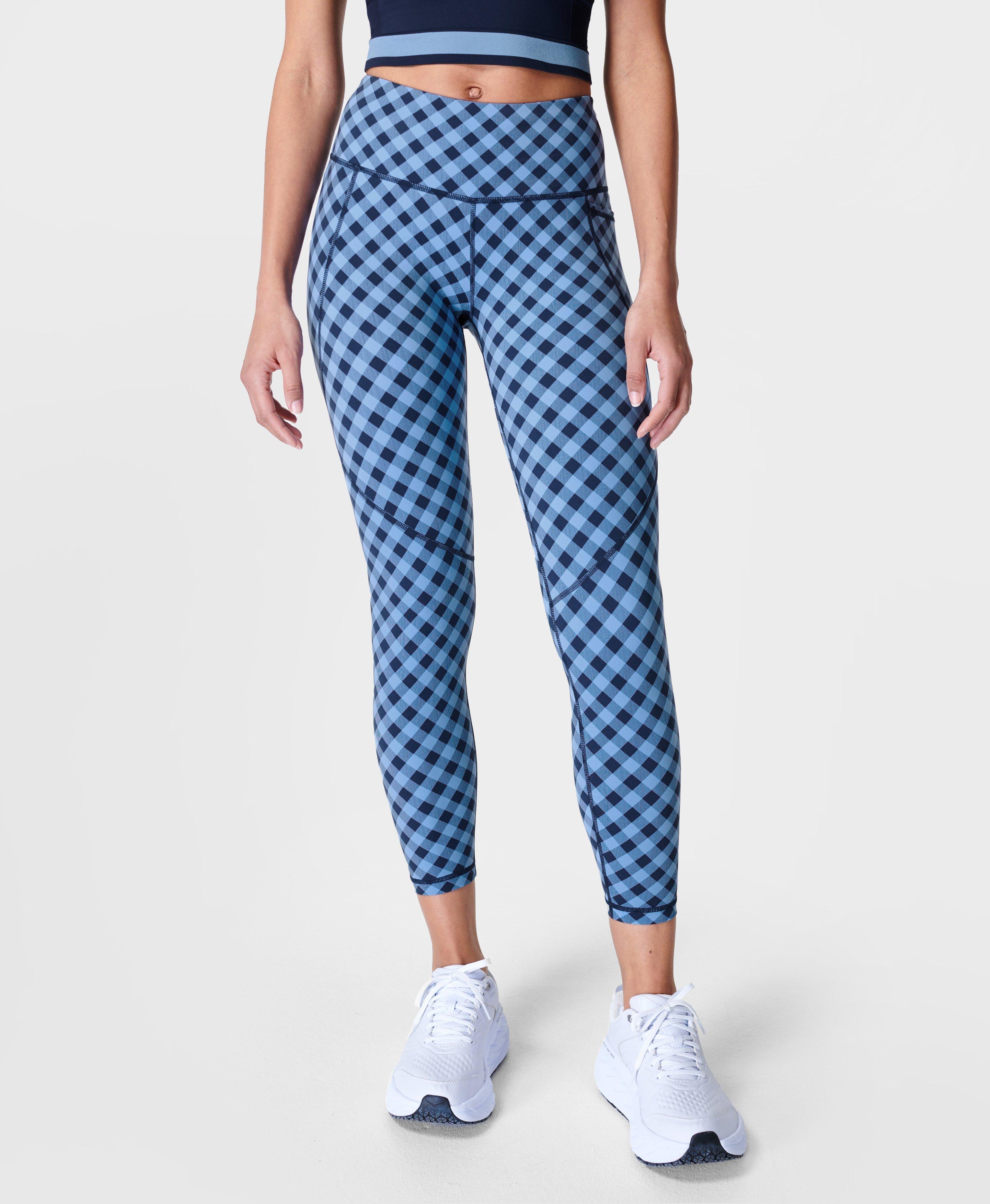 Power 7/8 Workout Leggings - Blue Striped Gingham Print, Women's Leggings