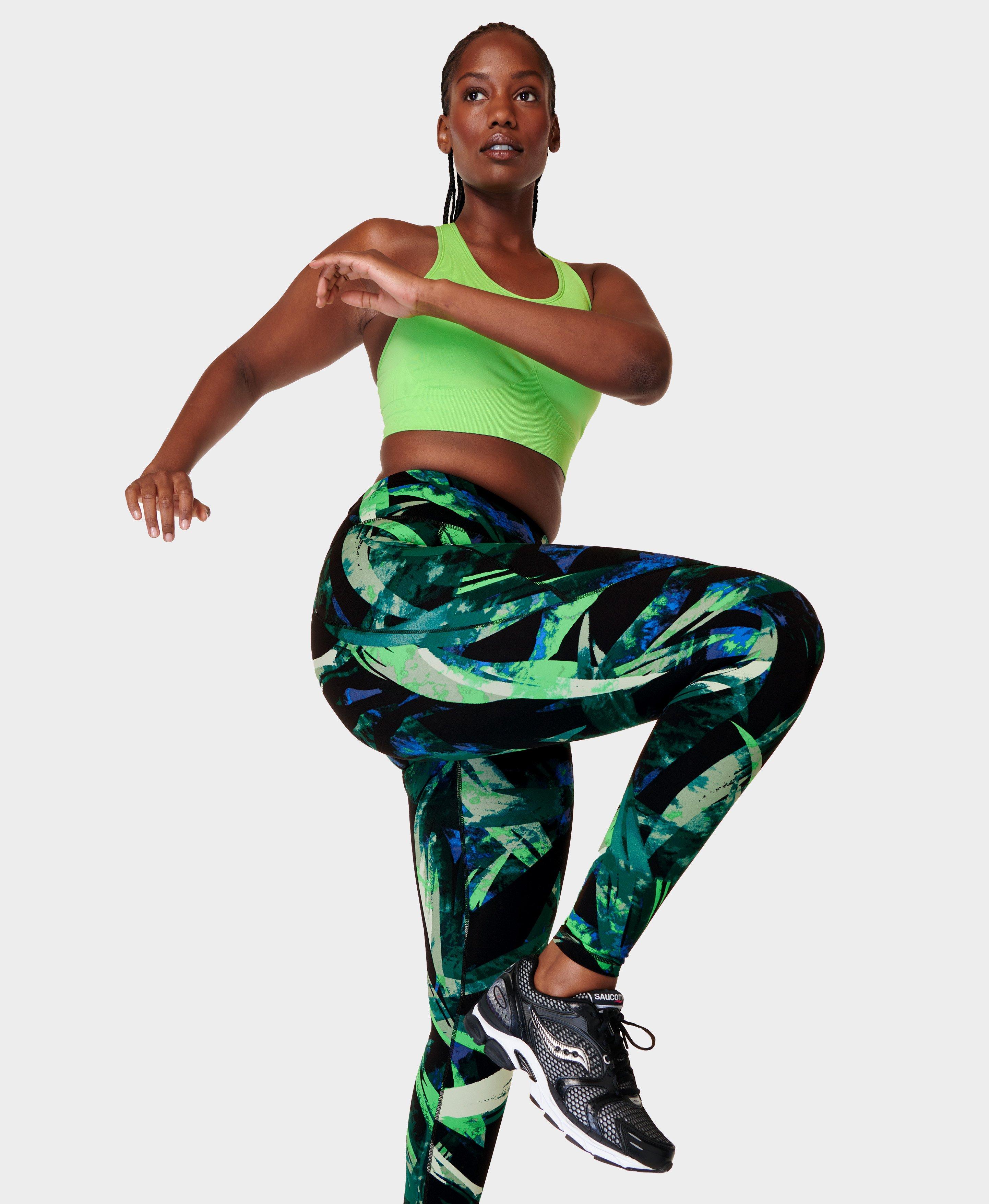 Power Gym Leggings - Green Areca Palm Print, Women's Leggings