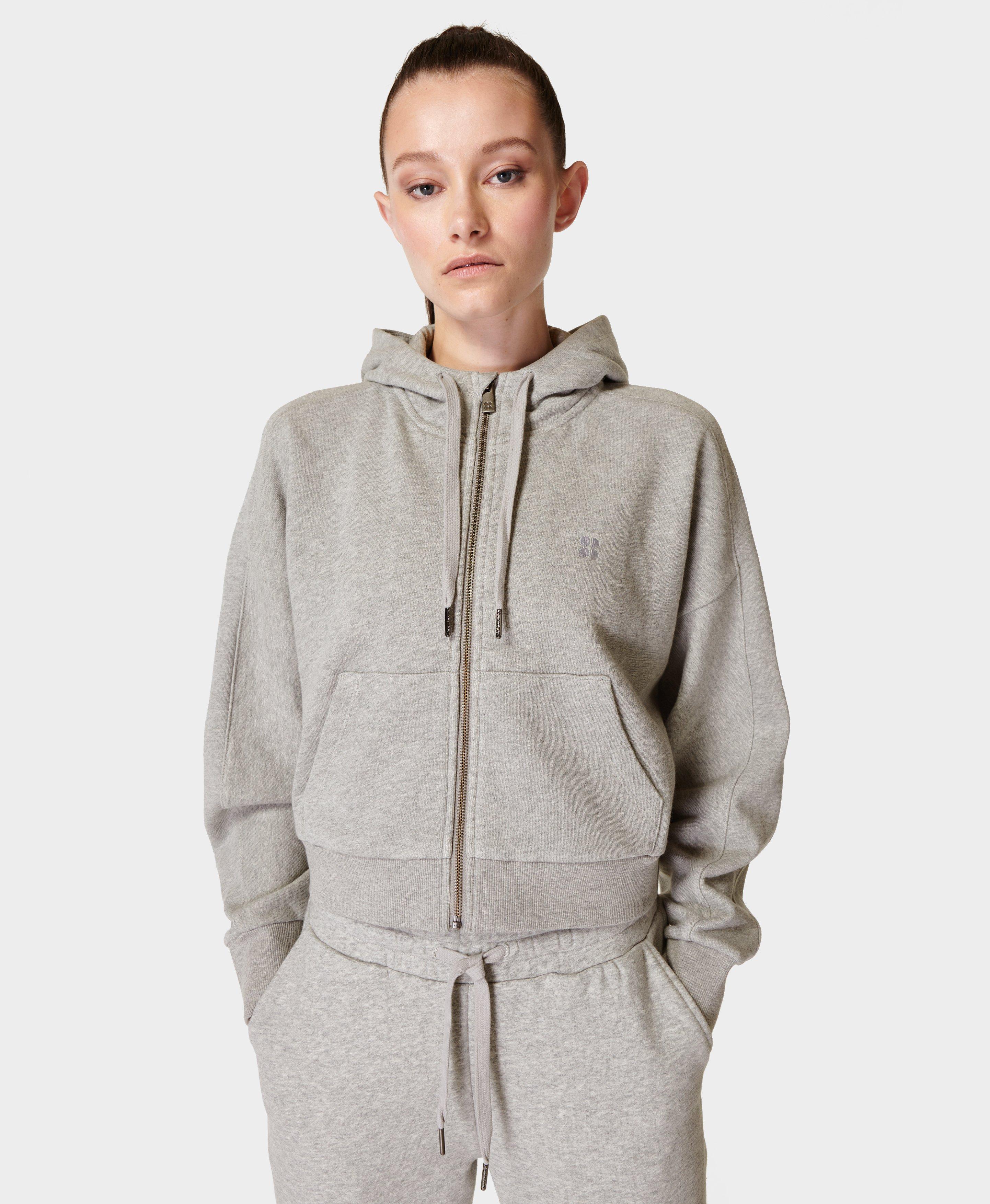 Essentials Crop Zip Up Hoodie - Mid Grey Marl | Women's Jumpers,  Sweatshirts u0026 Hoodies | Sweaty Betty