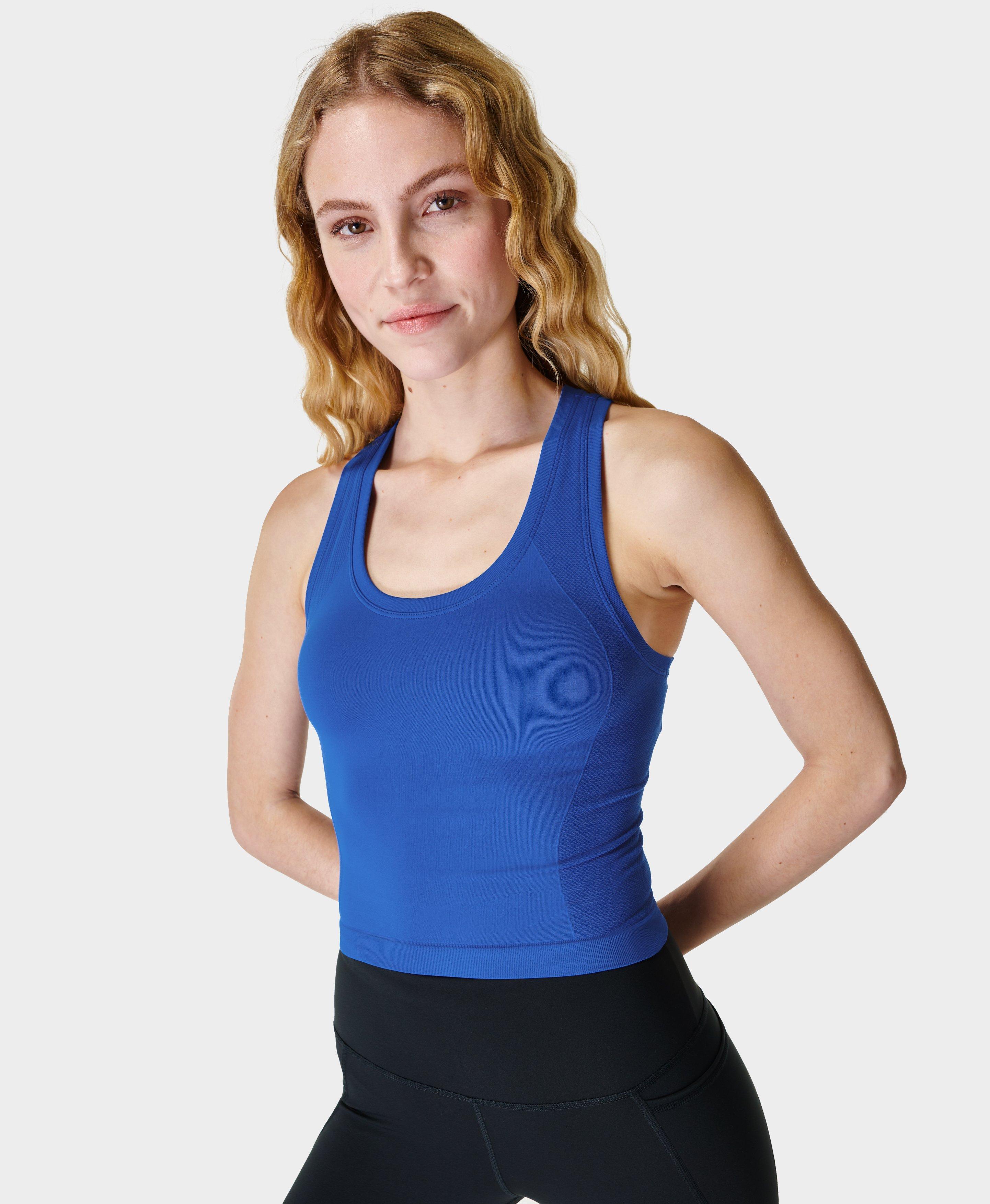 Women's Workout Crop Tops for Women with Built in Sports Bras for Women  Seamless Gym Yoga Tank Tops Blue,XL