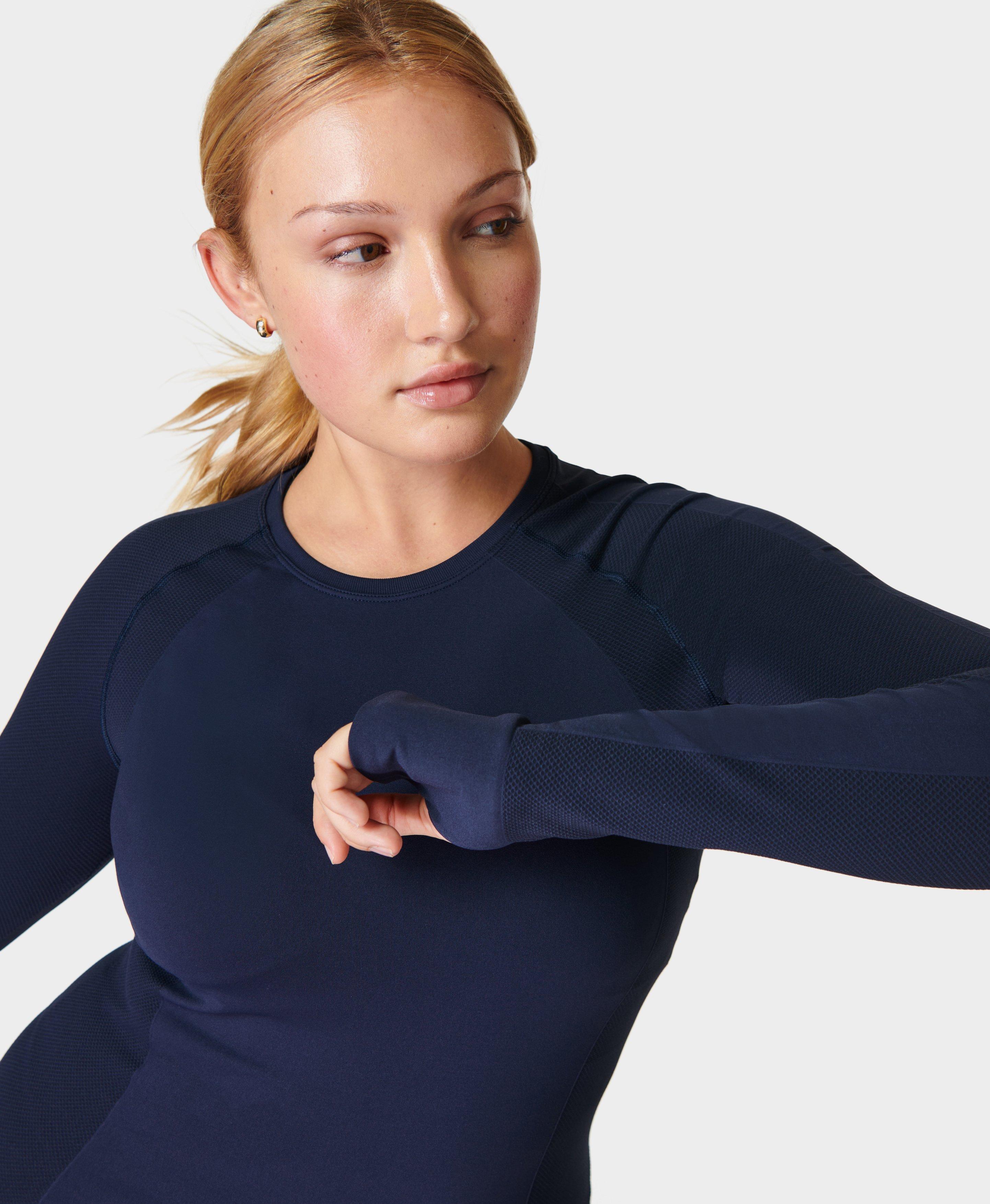 Athlete Seamless Workout Long Sleeve Top - Navy Blue, Women's Base Layers  & Long Sleeve Tops