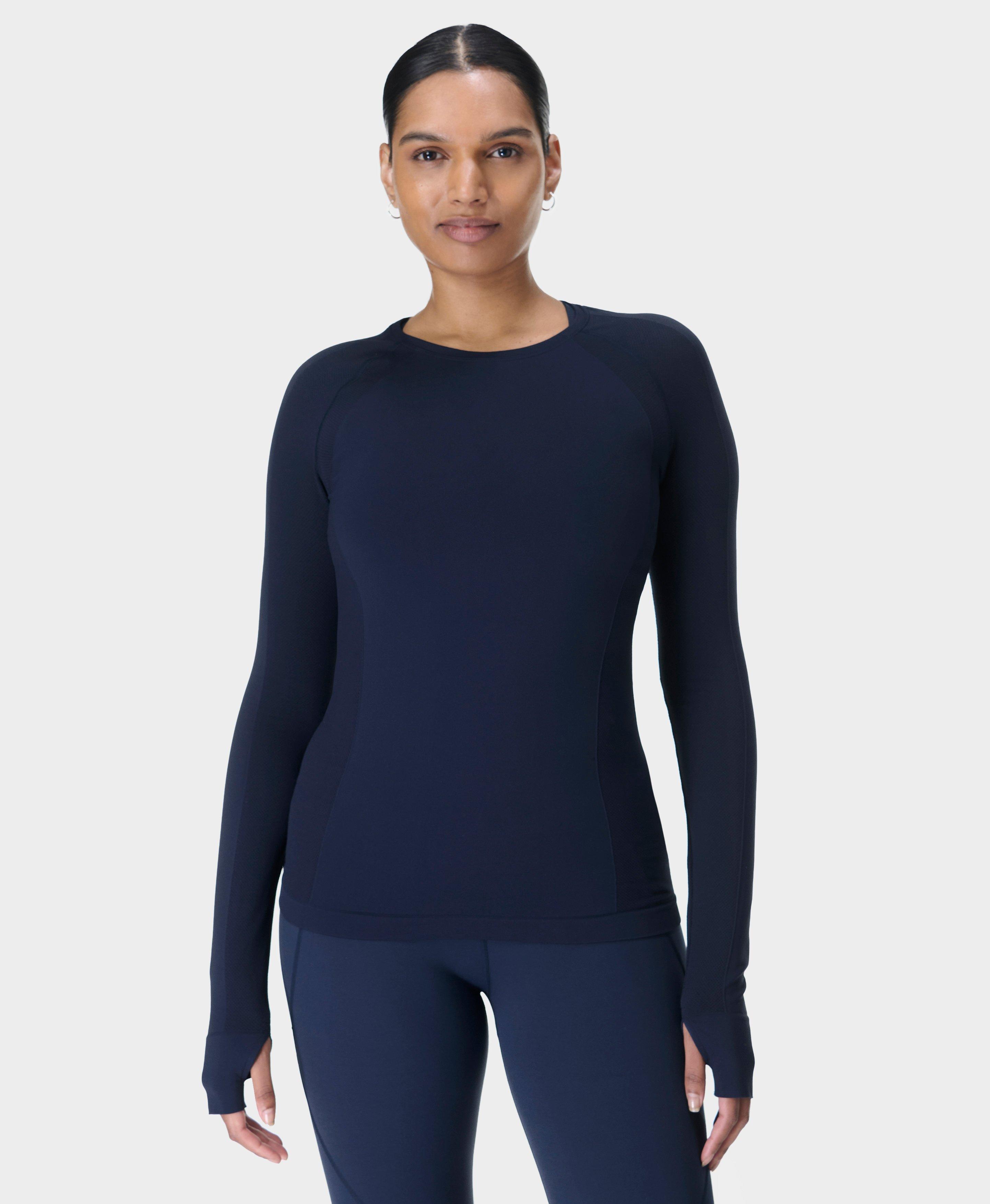 Athlete Seamless Workout Long Sleeve Top - Navy Blue, Women's Base Layers  & Long Sleeve Tops