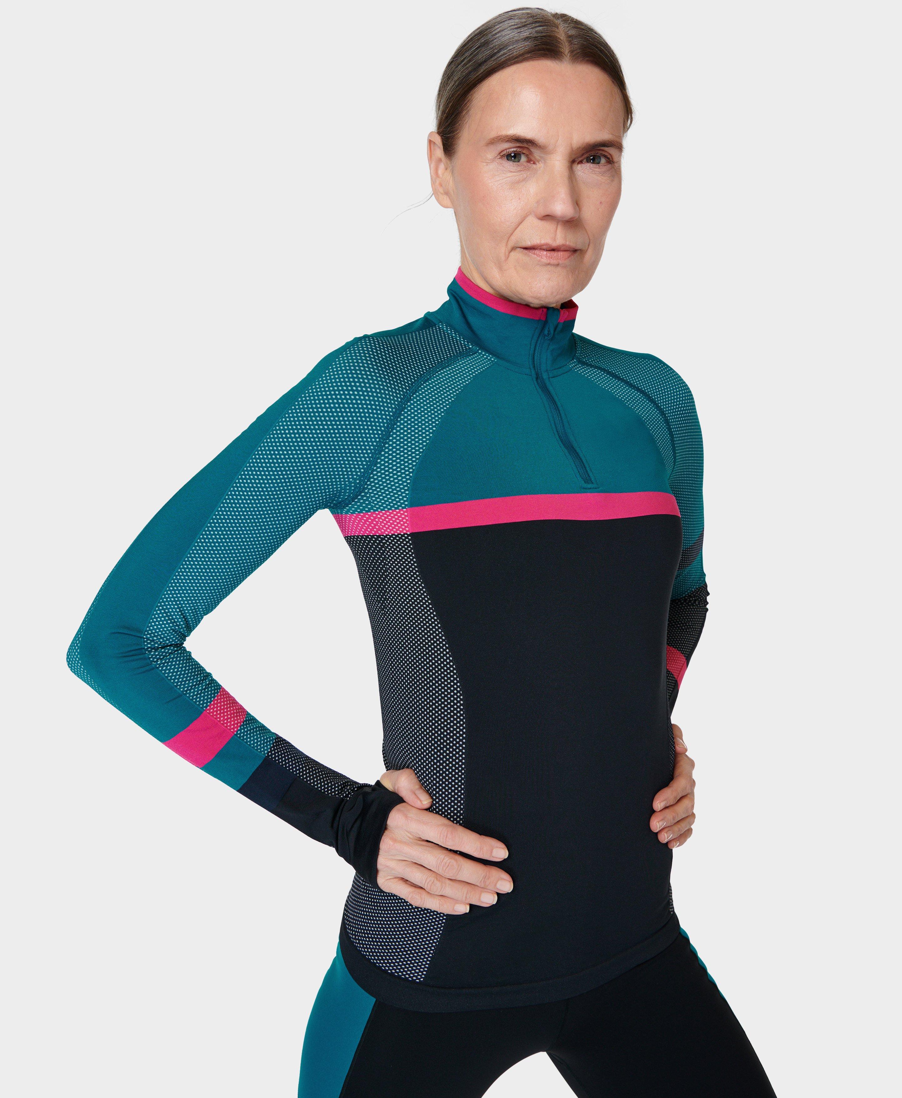 Athlete Seamless Colour Block Half Zip Long Sleeve Top Black Beetpink Reefteal Womens Base 9595