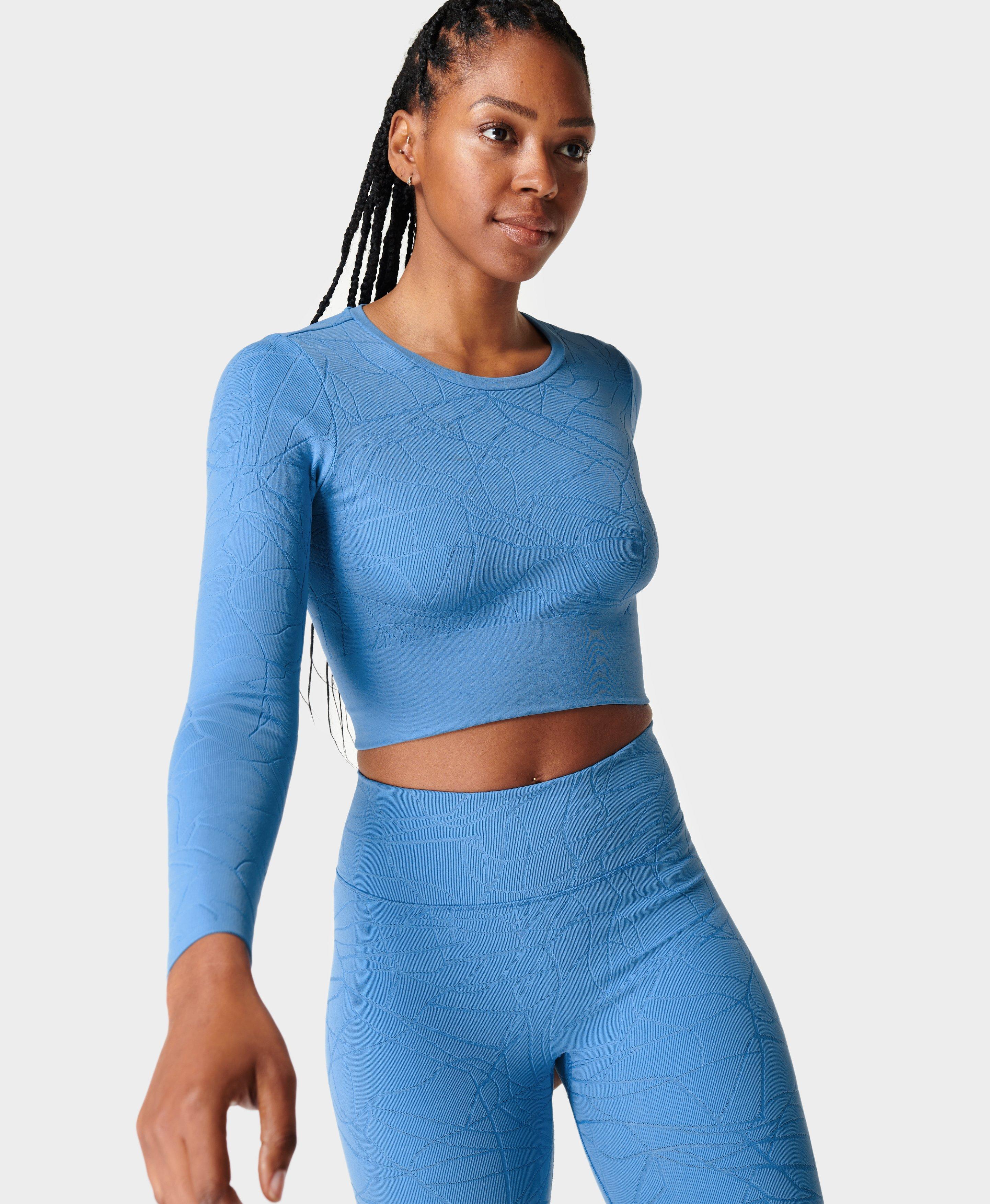 Womens Plus Size Blue Long Sleeve Mesh Yoga Crop Top Set 2XL