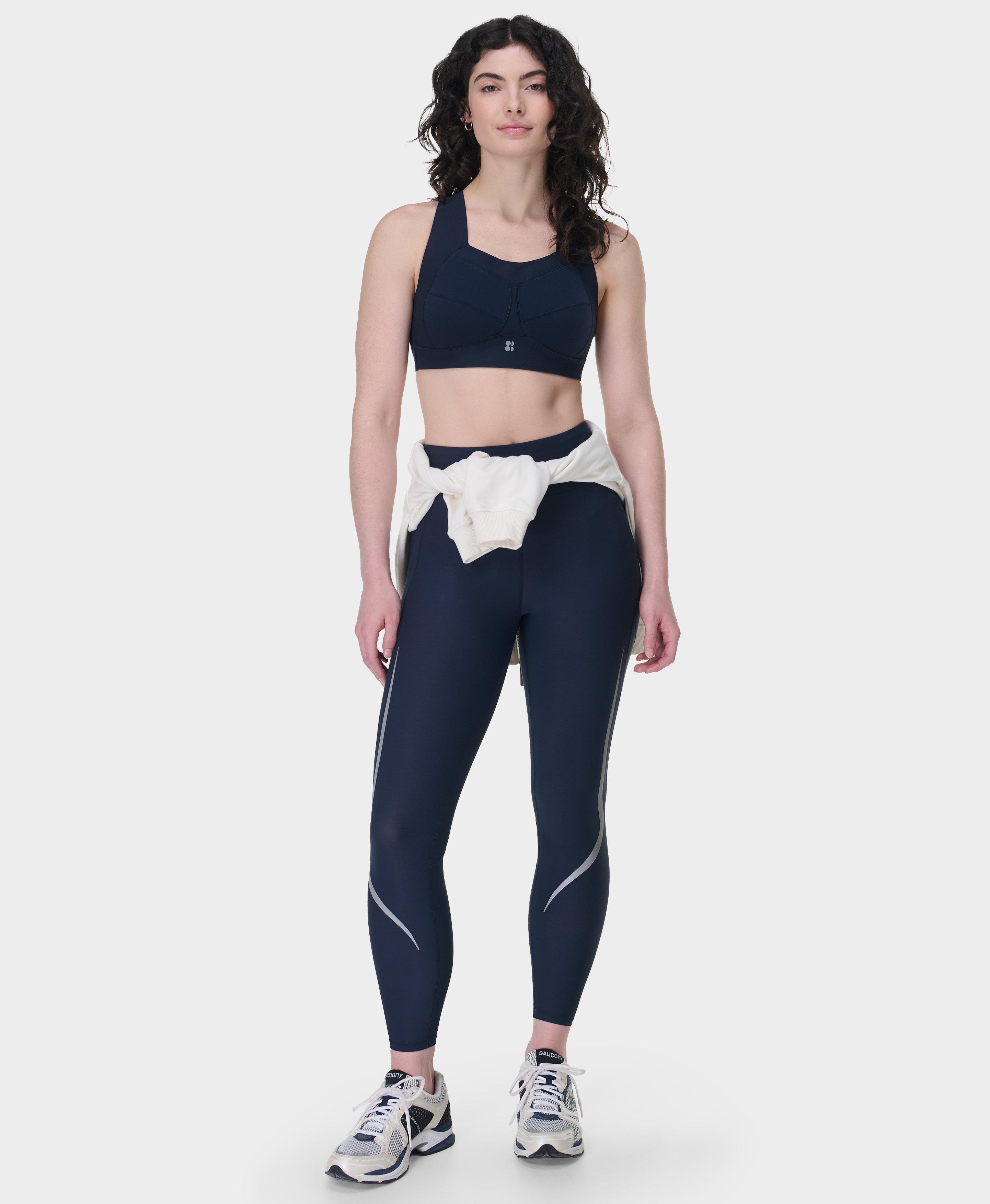 SWEATY BETTY Zero Gravity Logo-Print Stretch Running Bra in ENDLESS BLUE