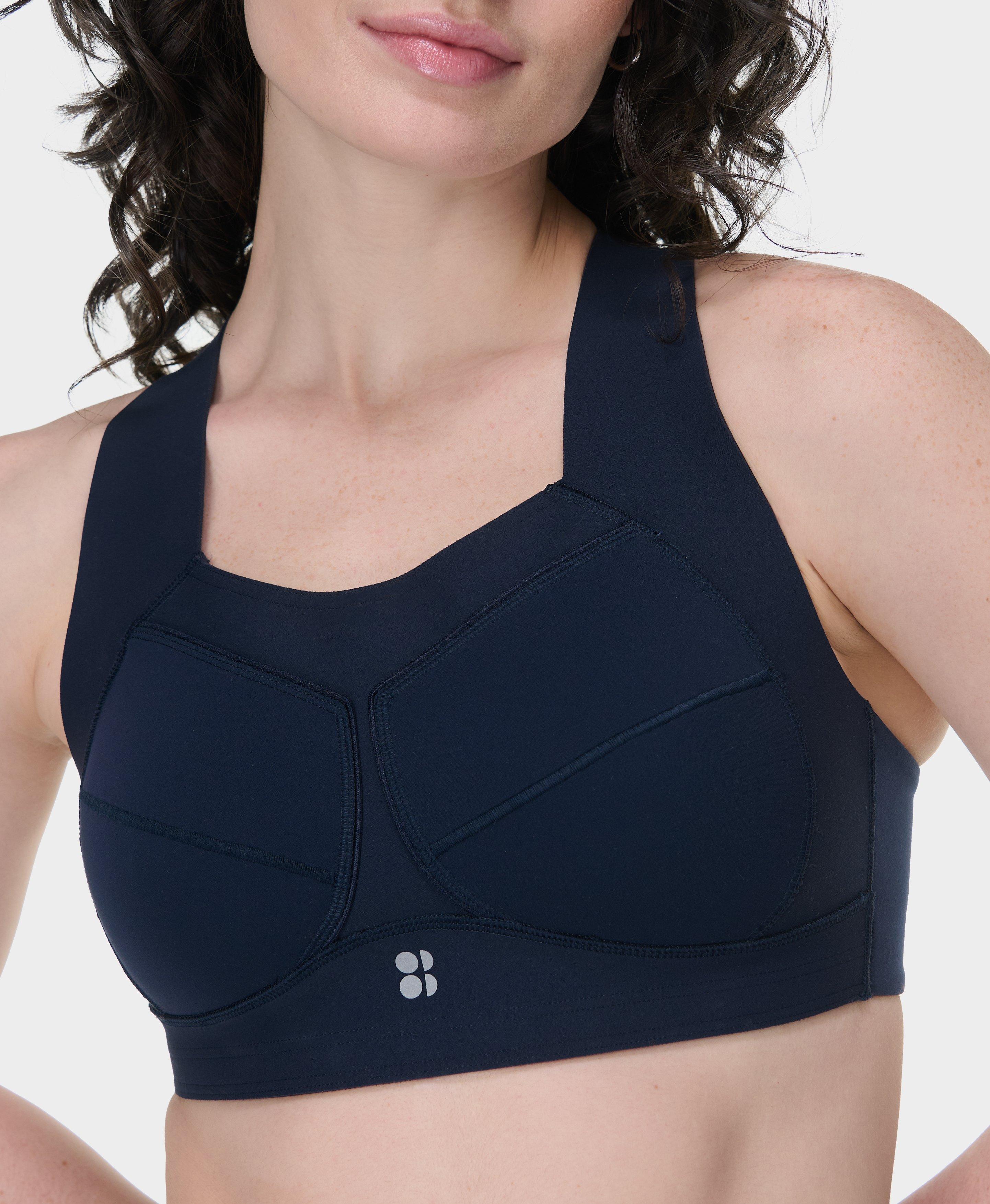 SWEATY BETTY Circuit Sports Bra in Navy Blue Slant Print