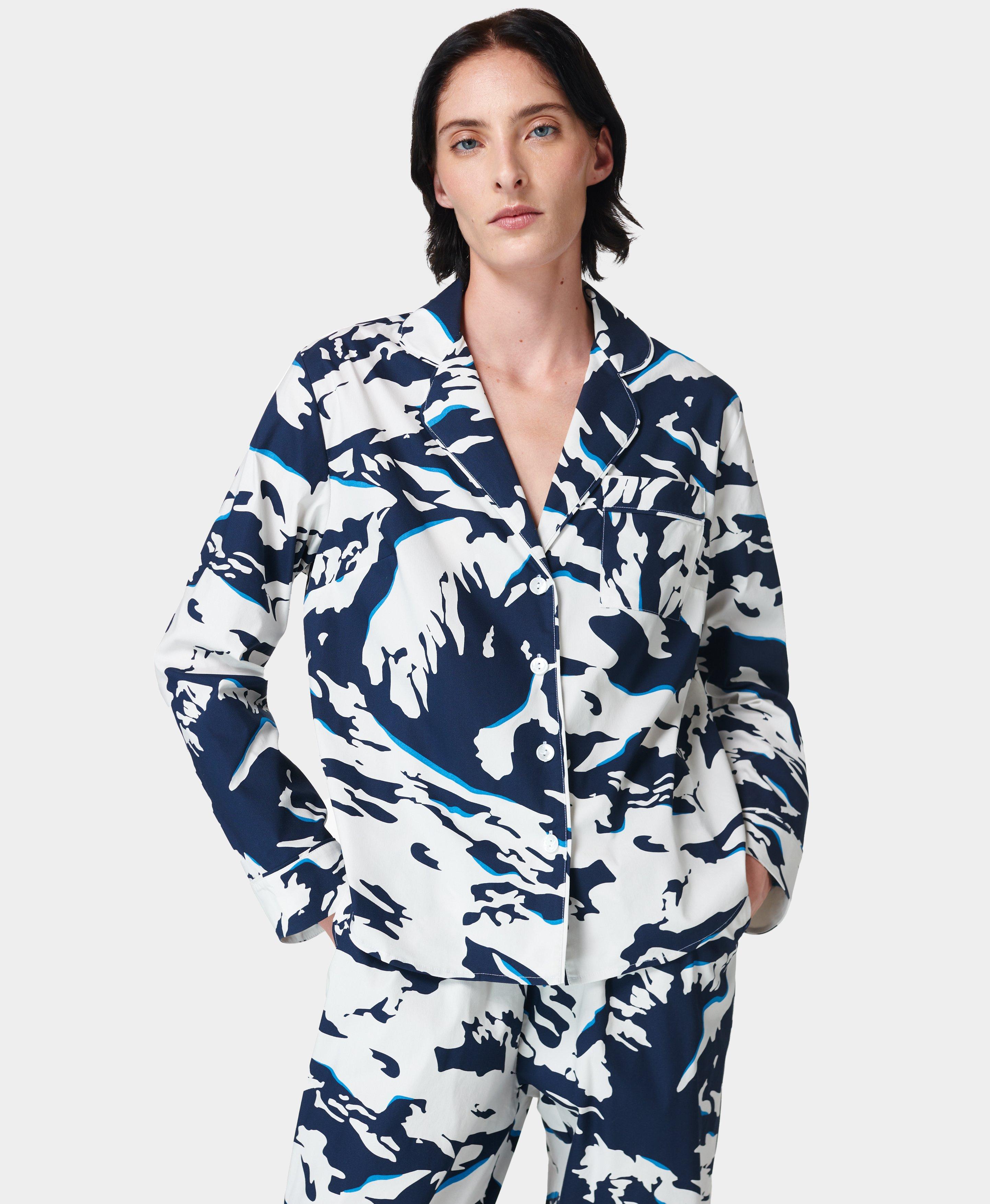 Sweaty Betty Restful Sleep Long Sleeve Pyjama Shirt Powered by Brrr , Blue Peaks Print Sleep, Women's L