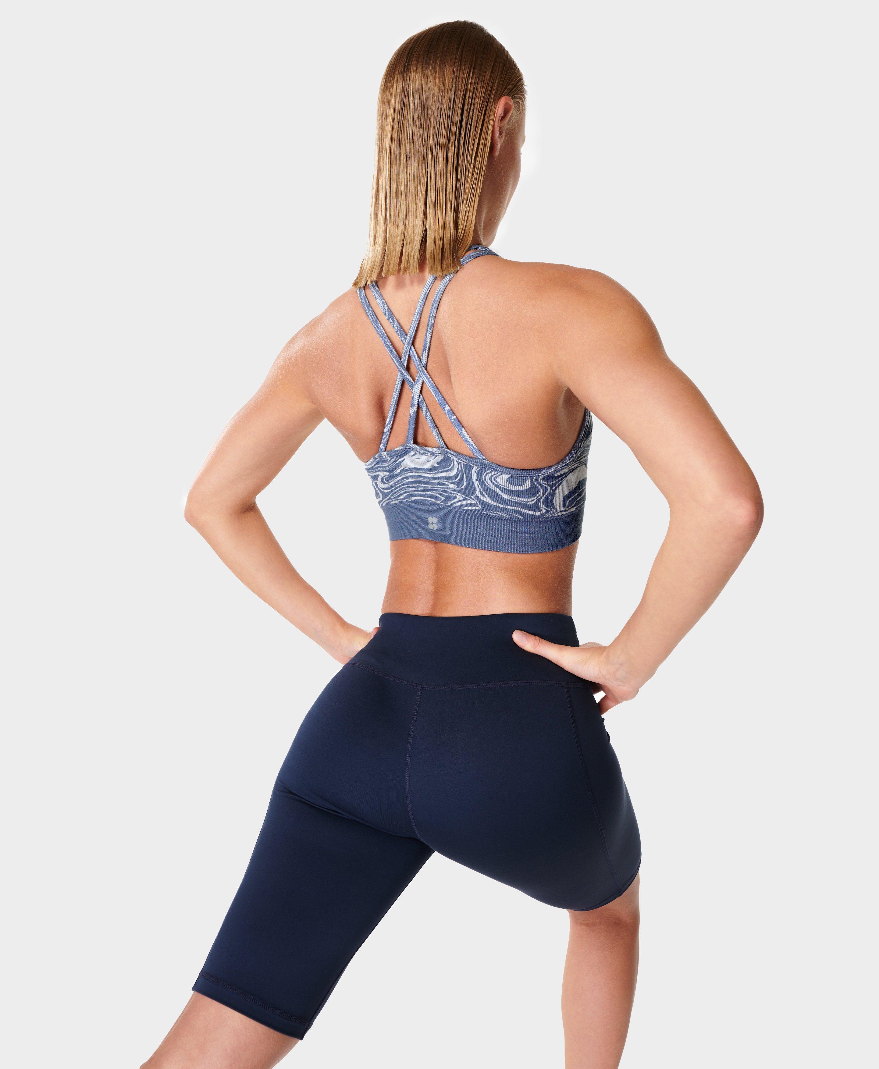 Sweaty Betty Stamina Seamless Ruched Fabric Athletic Work Out Sports Bra  Blue M
