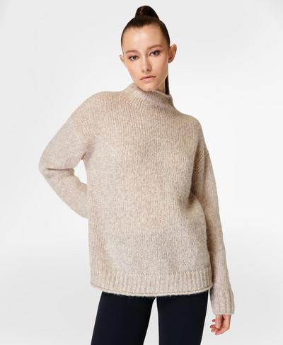 Brushed Boucle Funnel Neck Sweater , Pebble Beige | Sweaty Betty