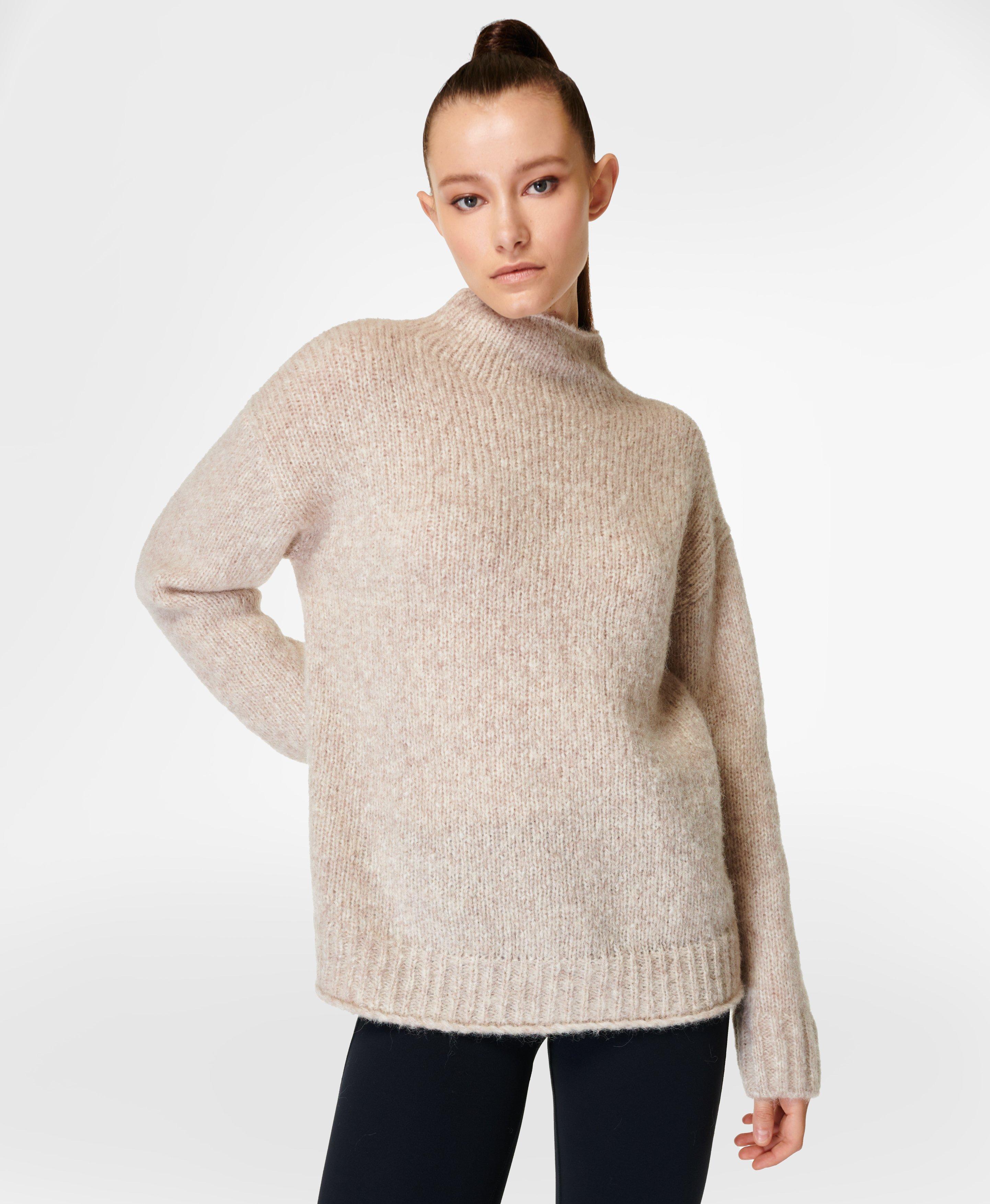 Brushed Boucle Funnel Neck Sweater Pebble Beige Sweaty Betty