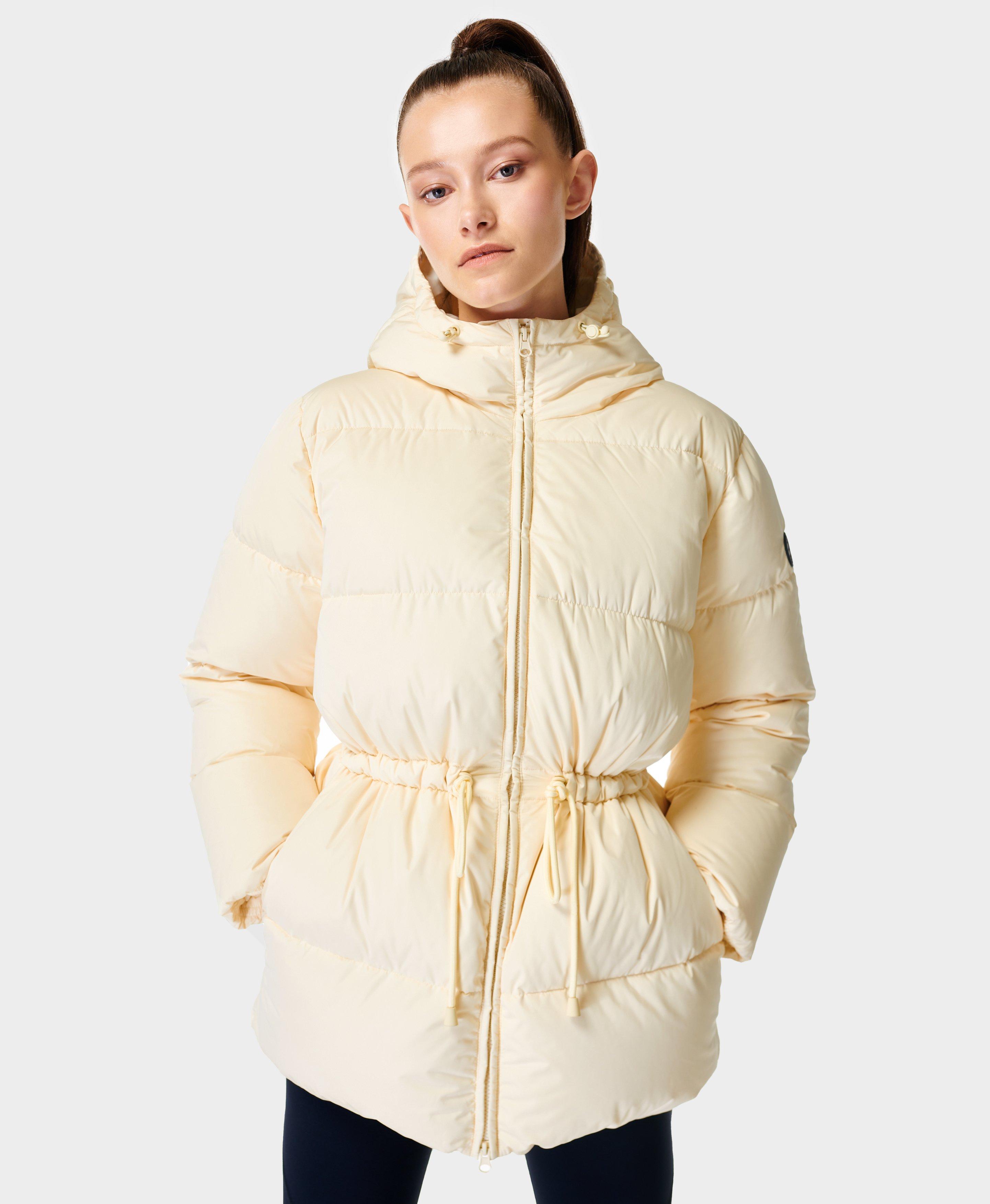 White Cropped Drawstring Puffer Coat